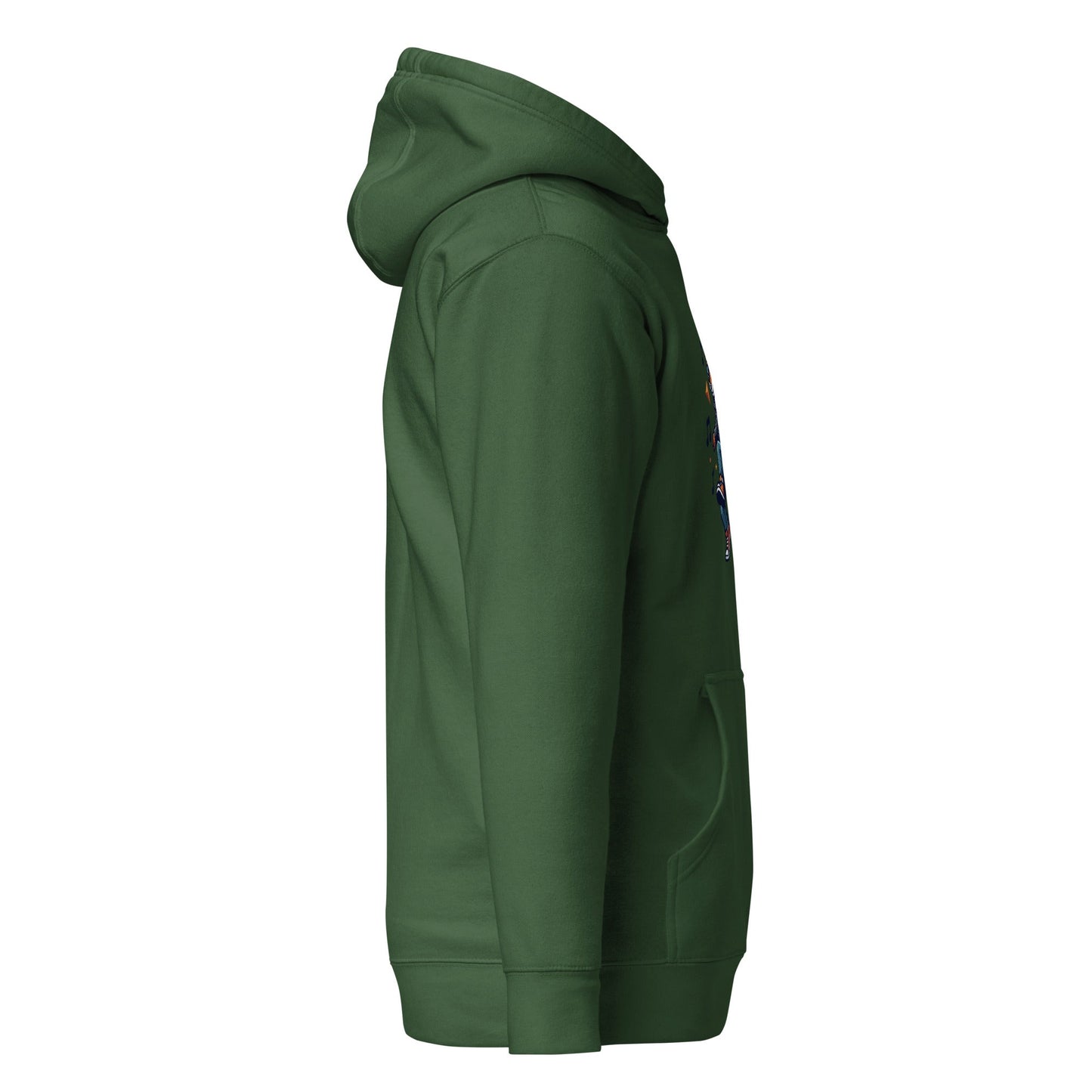 Forest green pullover hoodie with hood, side view, long sleeves