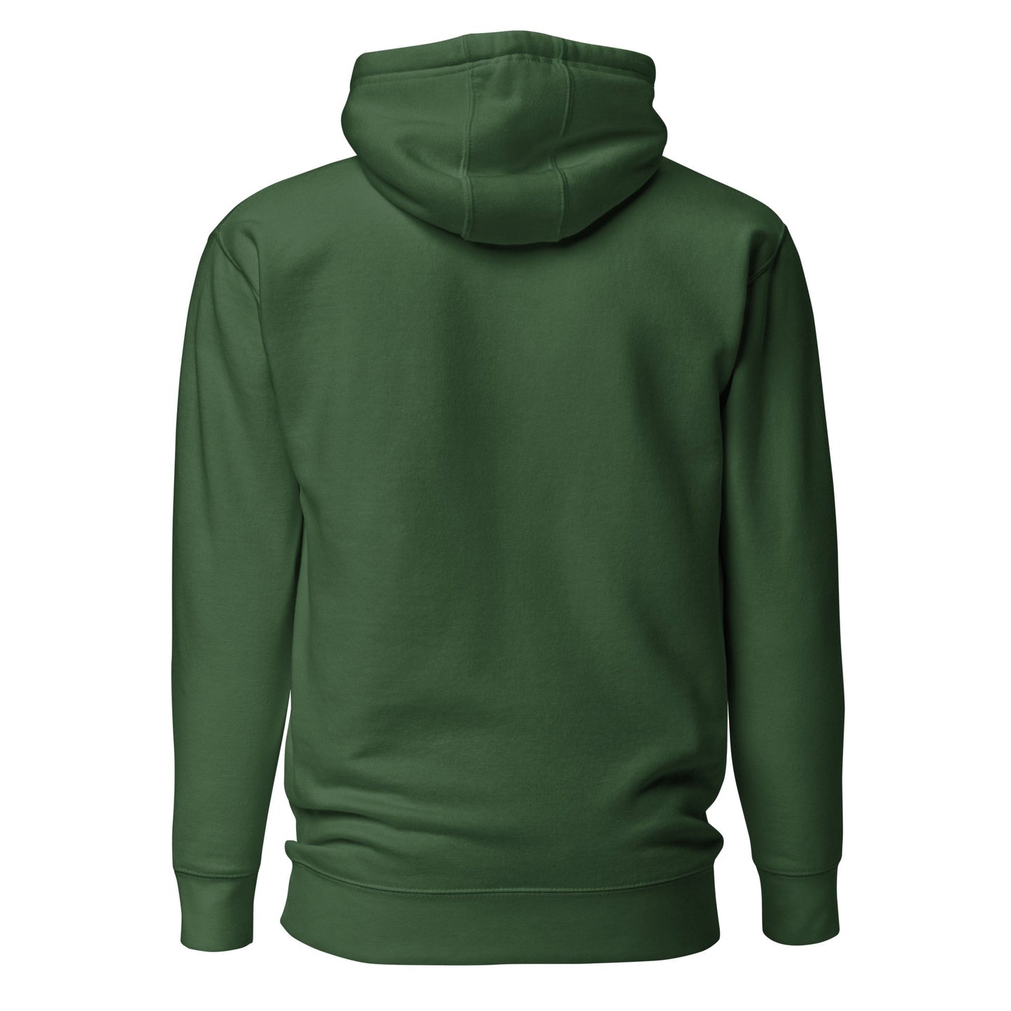 Forest green pullover hoodie with hood, front view, long sleeves