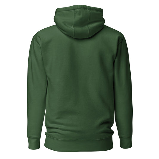 Forest green pullover hoodie with hood, front view, long sleeves