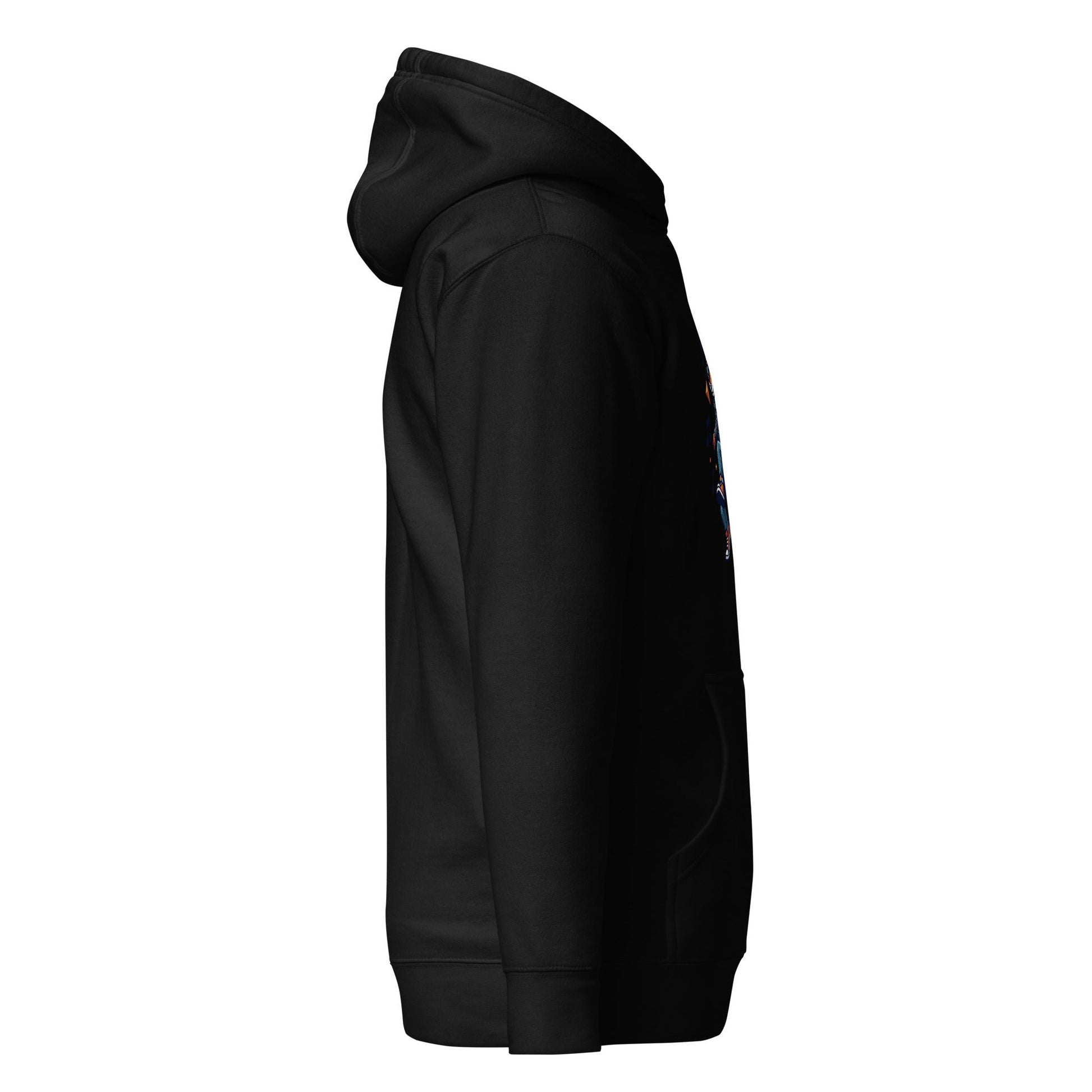Black pullover hoodie with hood and fox graphic detail near side hem