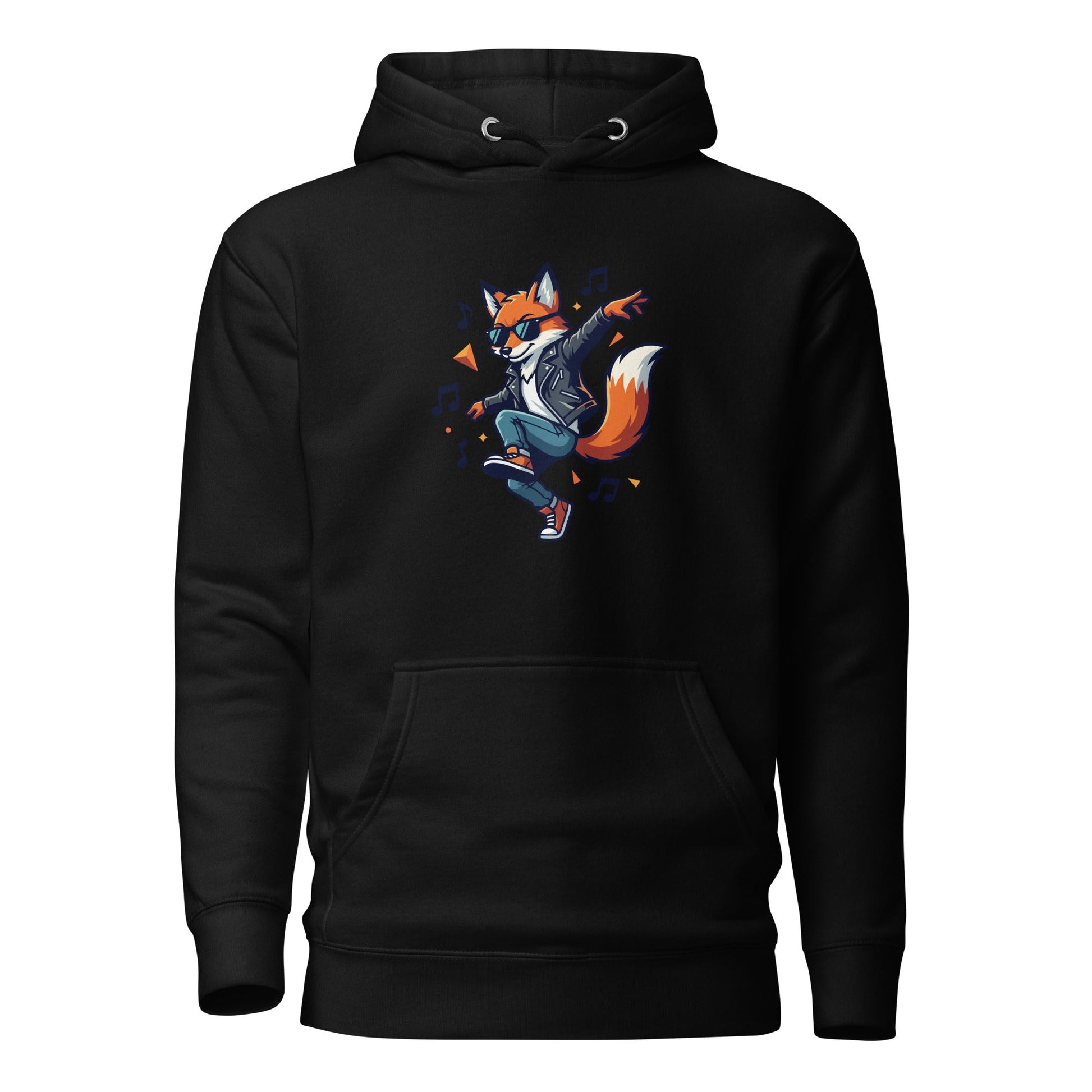 Black pullover hoodie with dancing fox graphic and front kangaroo pocket