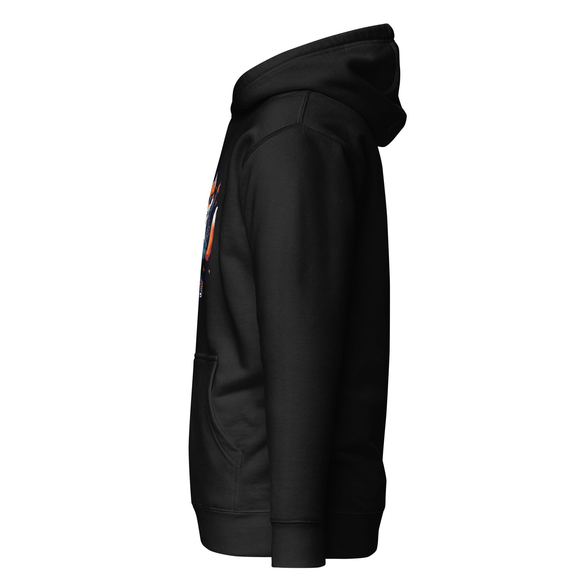 Black pullover hoodie, side view with fox graphic detail on sleeve