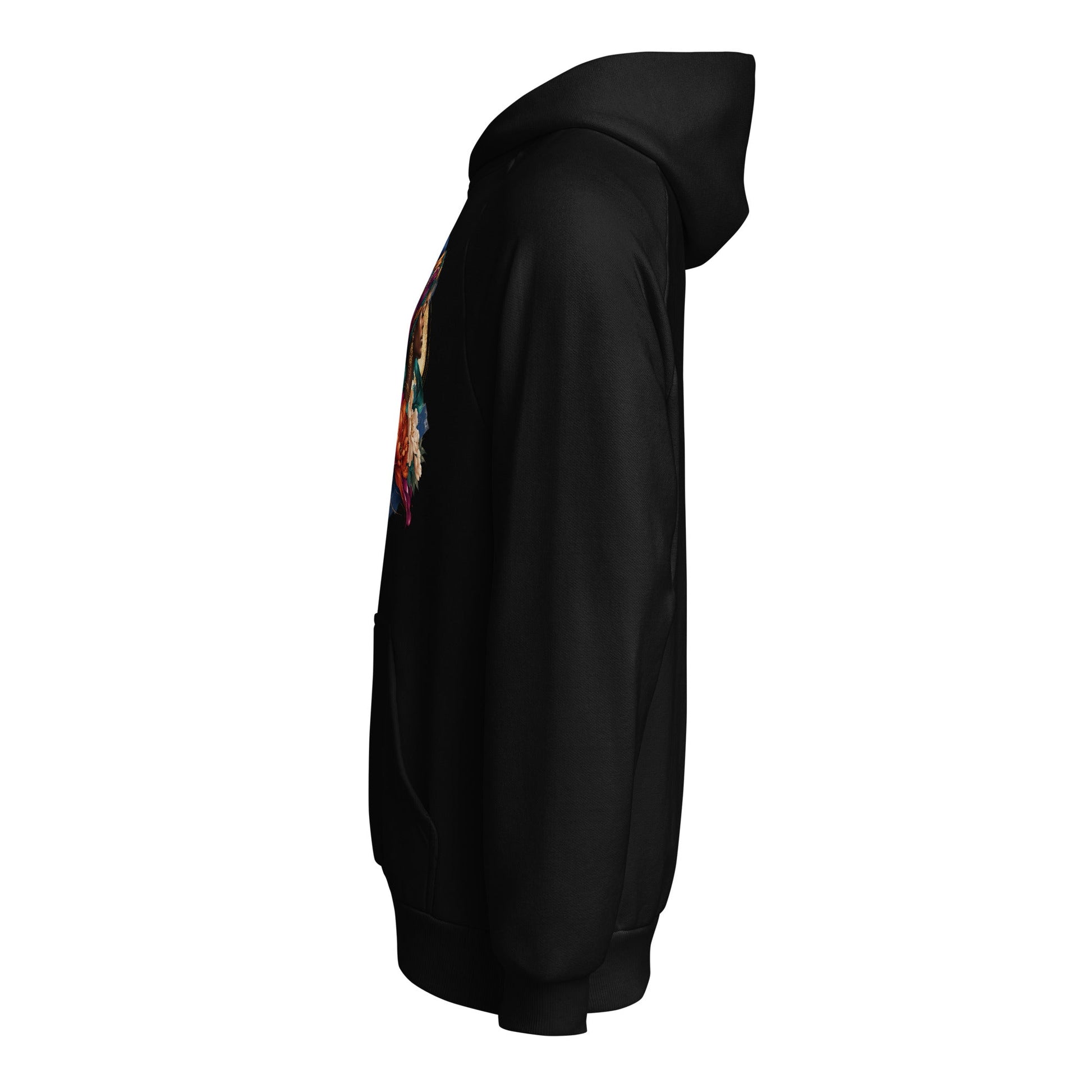 Black heavyweight hoodie with hood, long sleeves, side floral portrait graphic