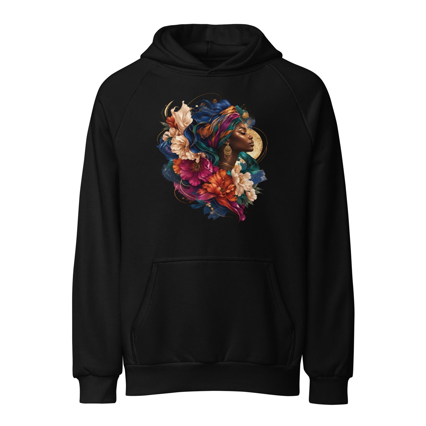 Black heavyweight unisex hoodie with floral portrait graphic and front kangaroo pocket.