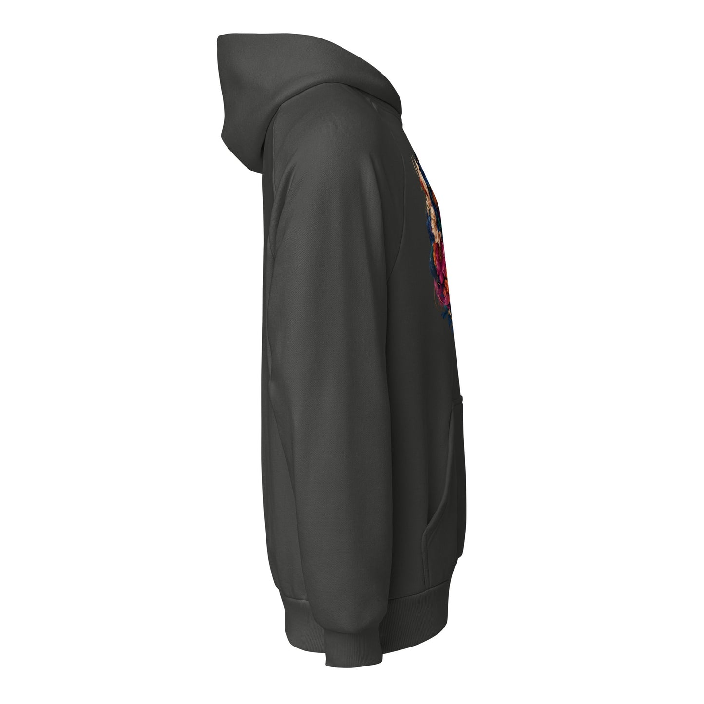 Heavyweight unisex hoodie in dark charcoal gray, with colorful front graphic on side