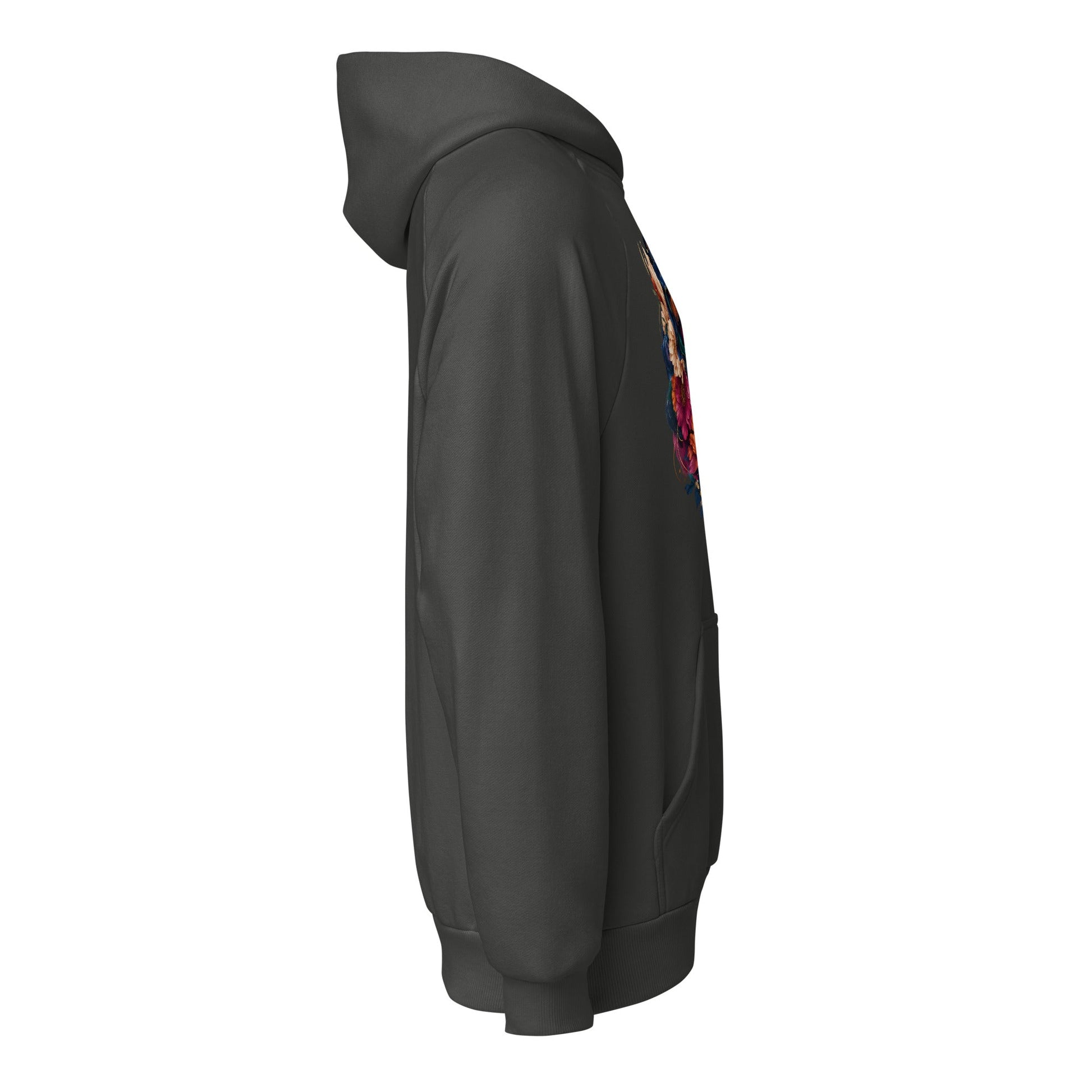 Heavyweight unisex hoodie in dark charcoal gray, with colorful front graphic on side