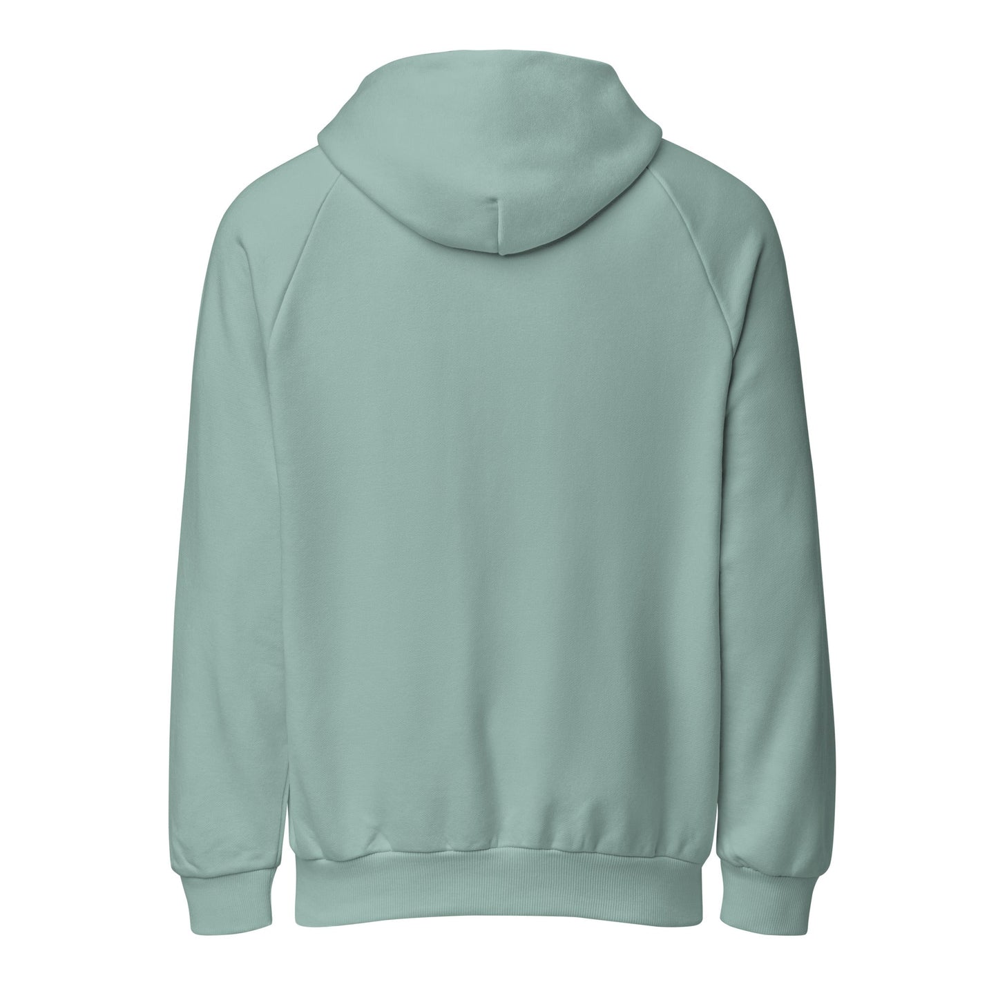 Light teal heavyweight unisex hoodie back view with hood and ribbed cuffs.