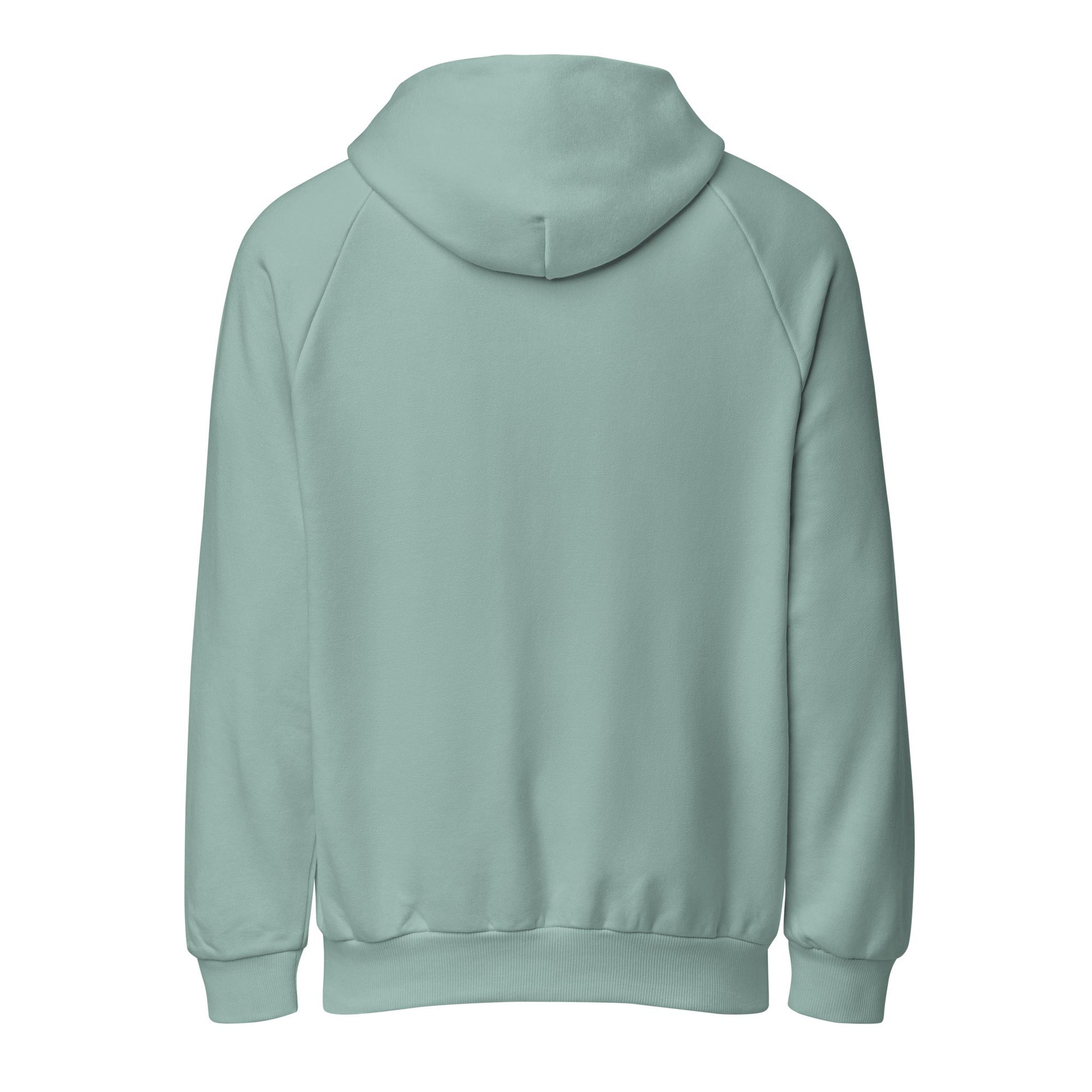 Light teal heavyweight unisex hoodie back view with hood and ribbed cuffs.