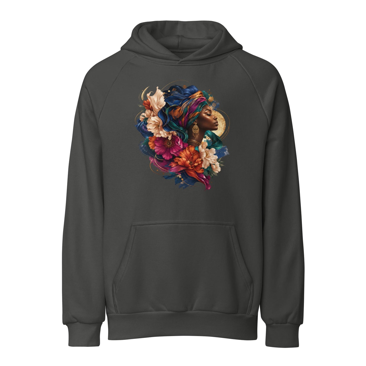 Dark gray heavyweight unisex hoodie with floral portrait graphic and front kangaroo pocket.