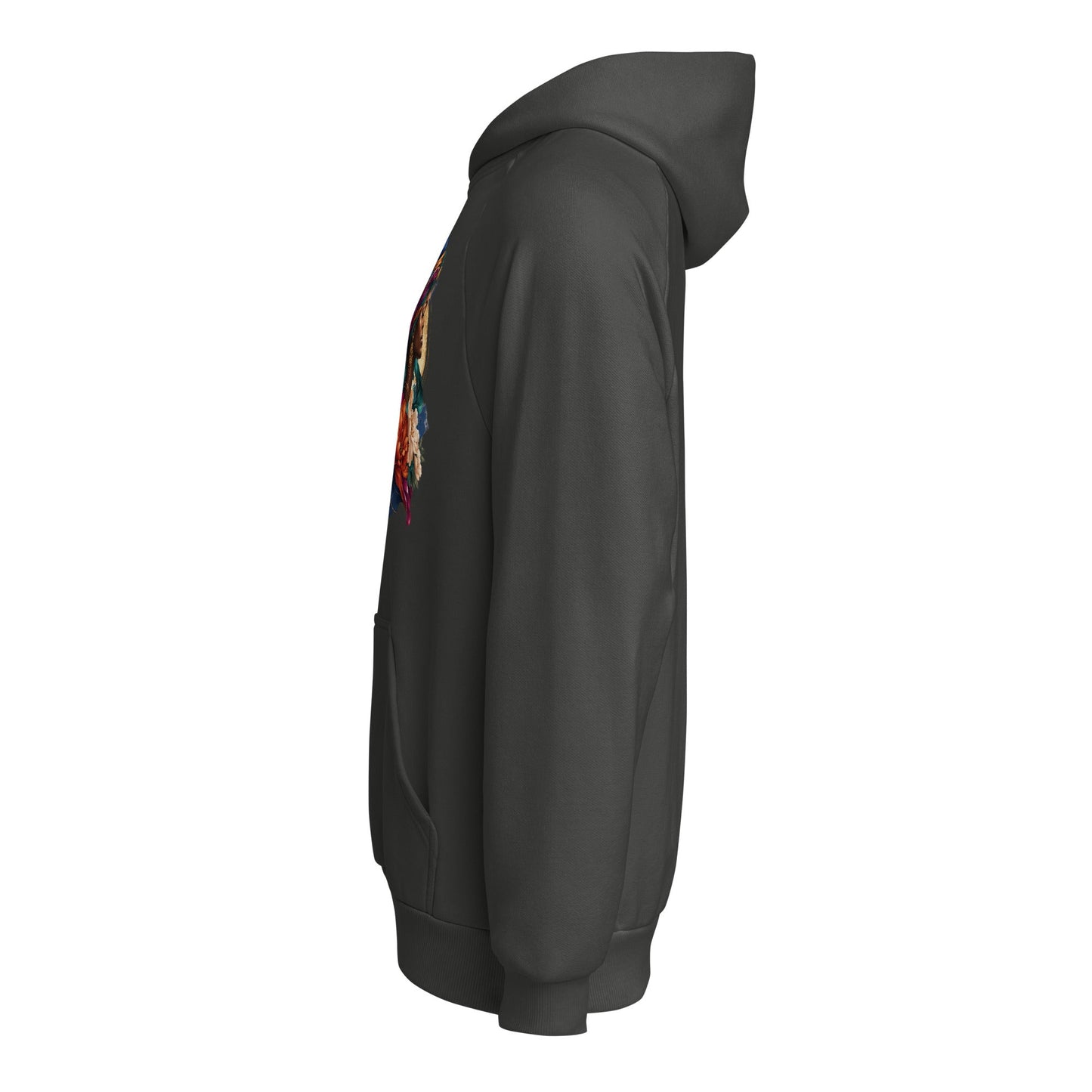 Asphalt gray heavyweight hoodie with hood, long sleeves, side floral portrait graphic