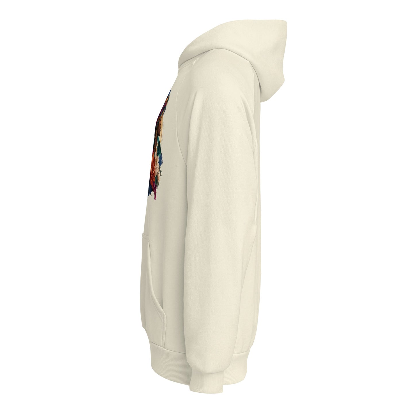 Off-white heavyweight hoodie with hood, long sleeves, side floral portrait graphic