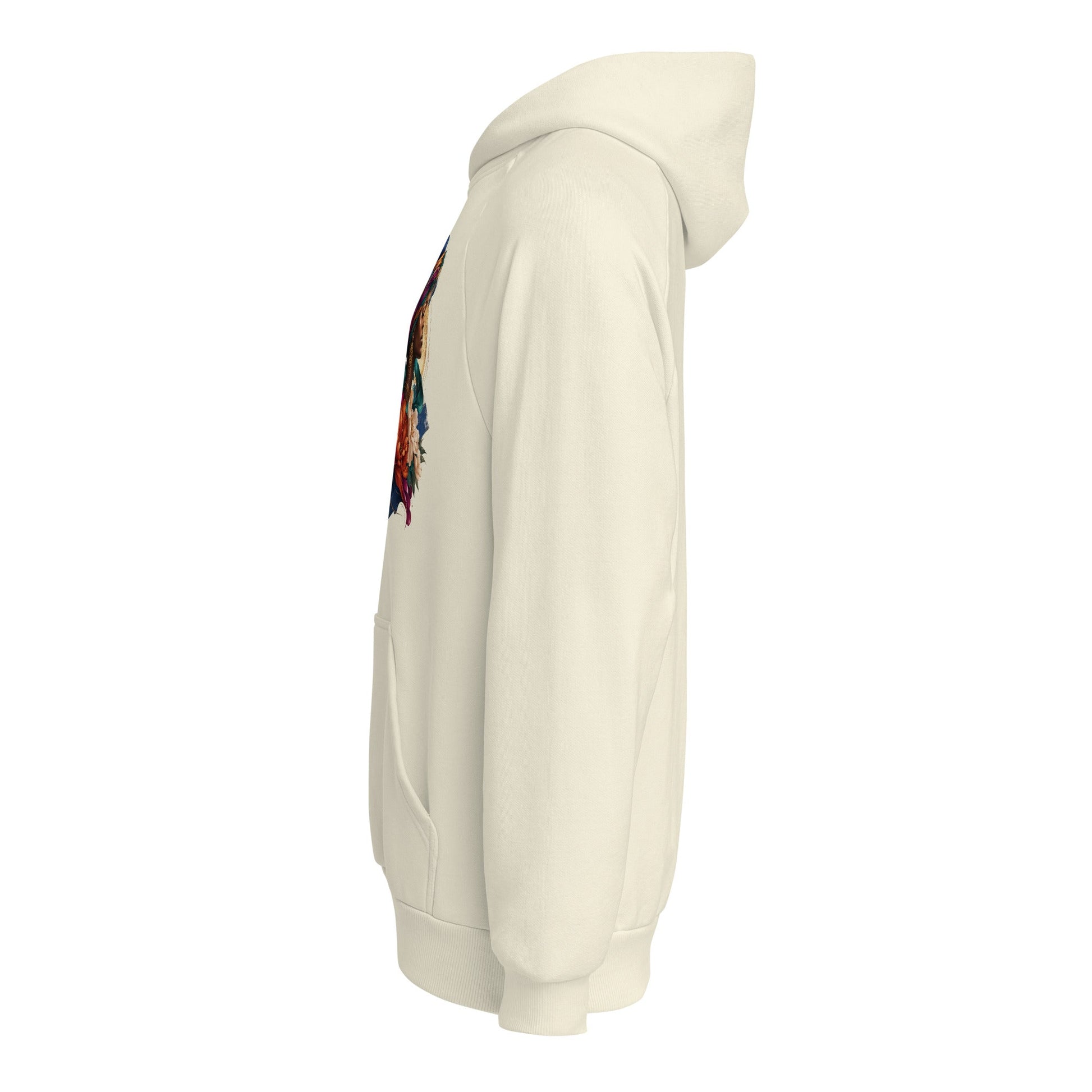 Off-white heavyweight hoodie with hood, long sleeves, side floral portrait graphic