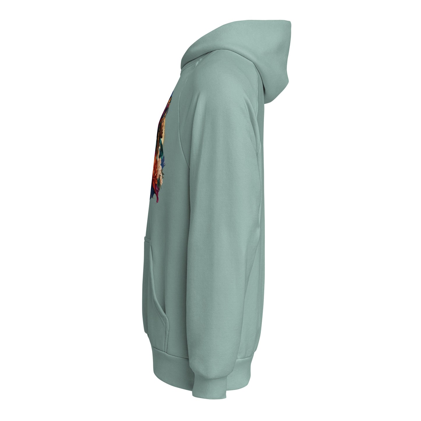Light teal heavyweight hoodie with hood, long sleeves, side floral portrait graphic