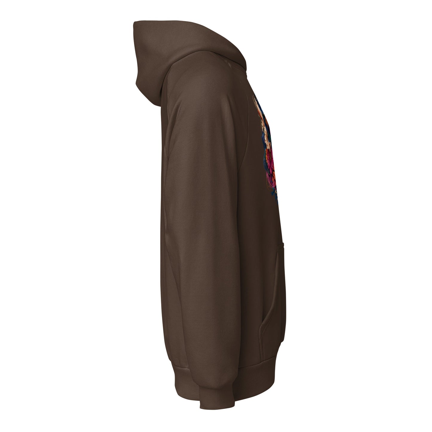 Chocolate brown heavyweight hoodie with hood, long sleeves, visible side floral portrait graphic