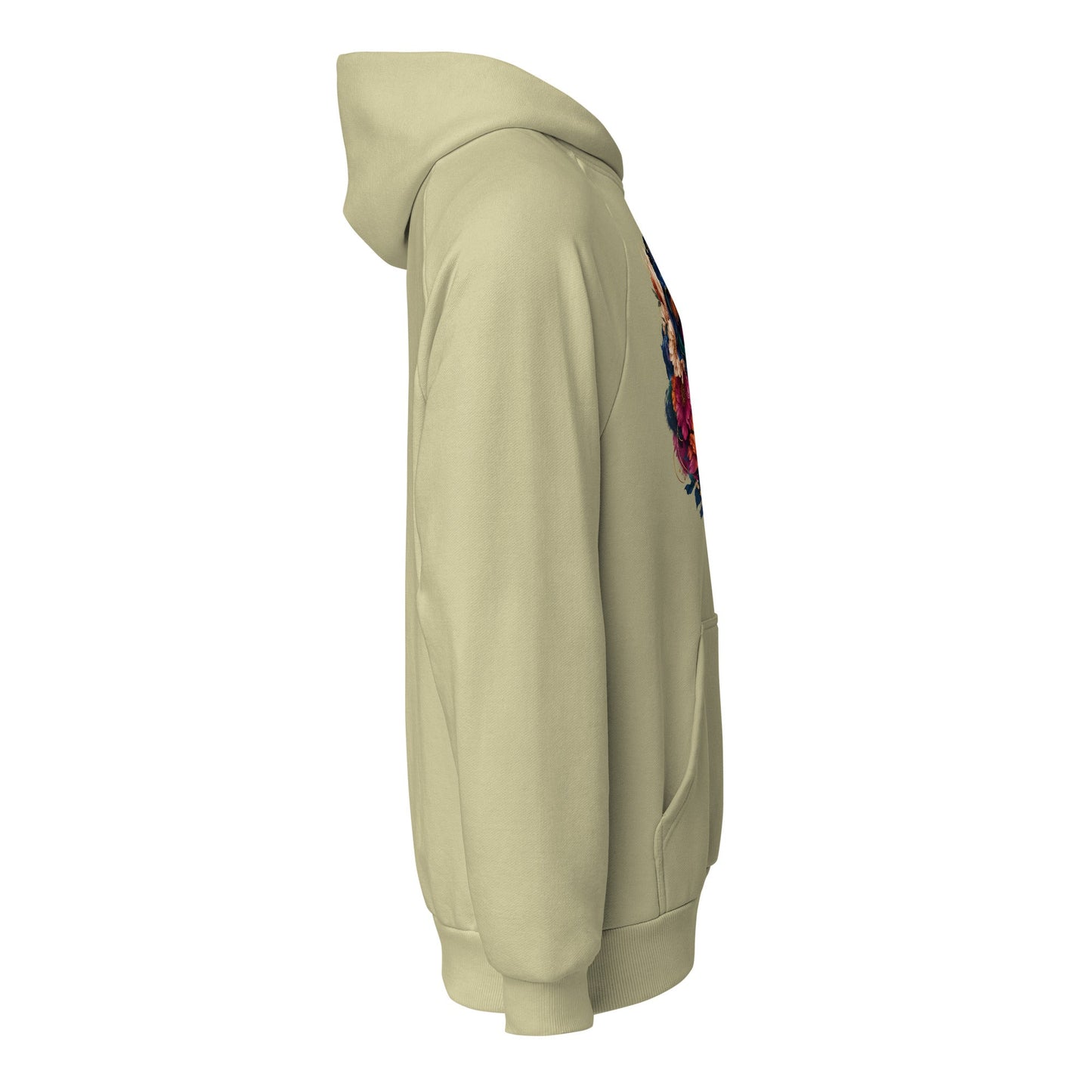 Heavyweight unisex hoodie in light beige, with colorful front graphic on side