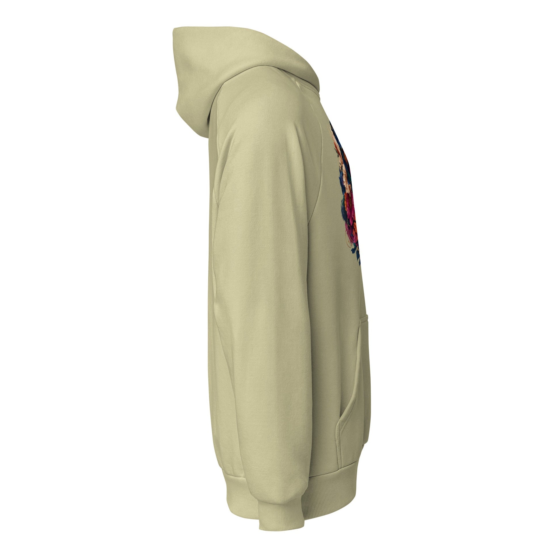 Heavyweight unisex hoodie in light beige, with colorful front graphic on side
