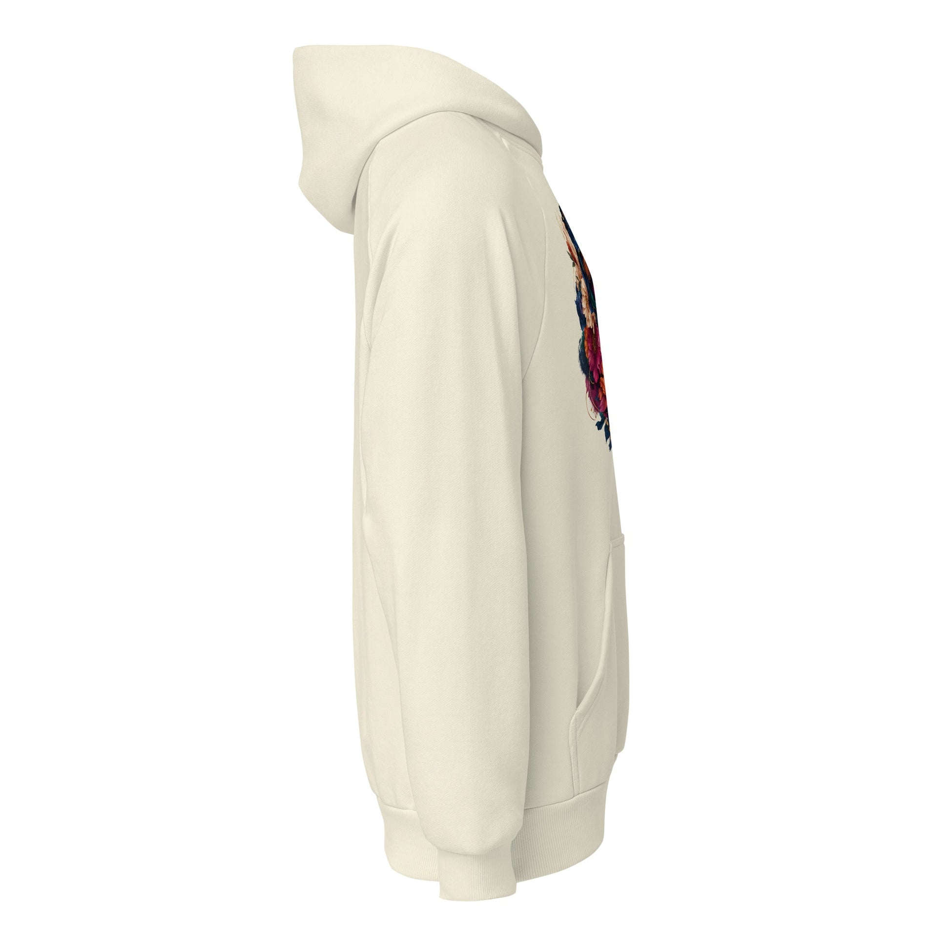 Heavyweight unisex hoodie in off-white, with colorful front graphic on side
