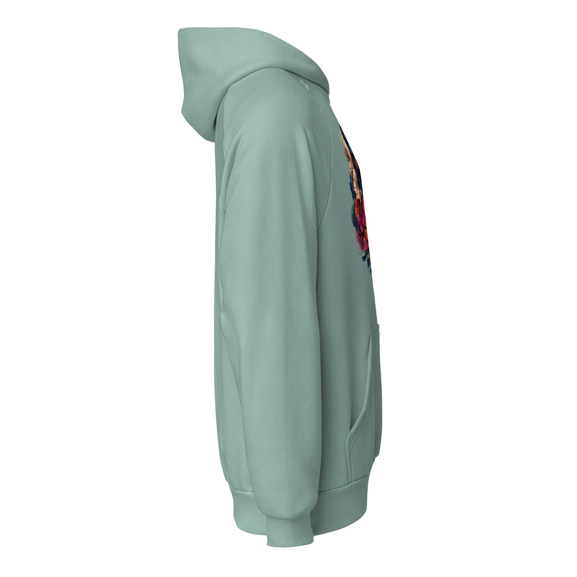 Heavyweight unisex hoodie in mint green, with colorful front graphic on side