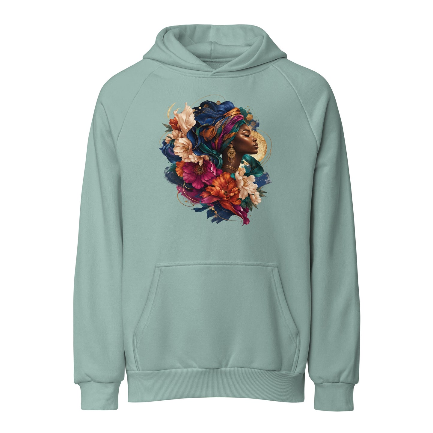 Light teal heavyweight unisex hoodie with floral portrait graphic and front kangaroo pocket.