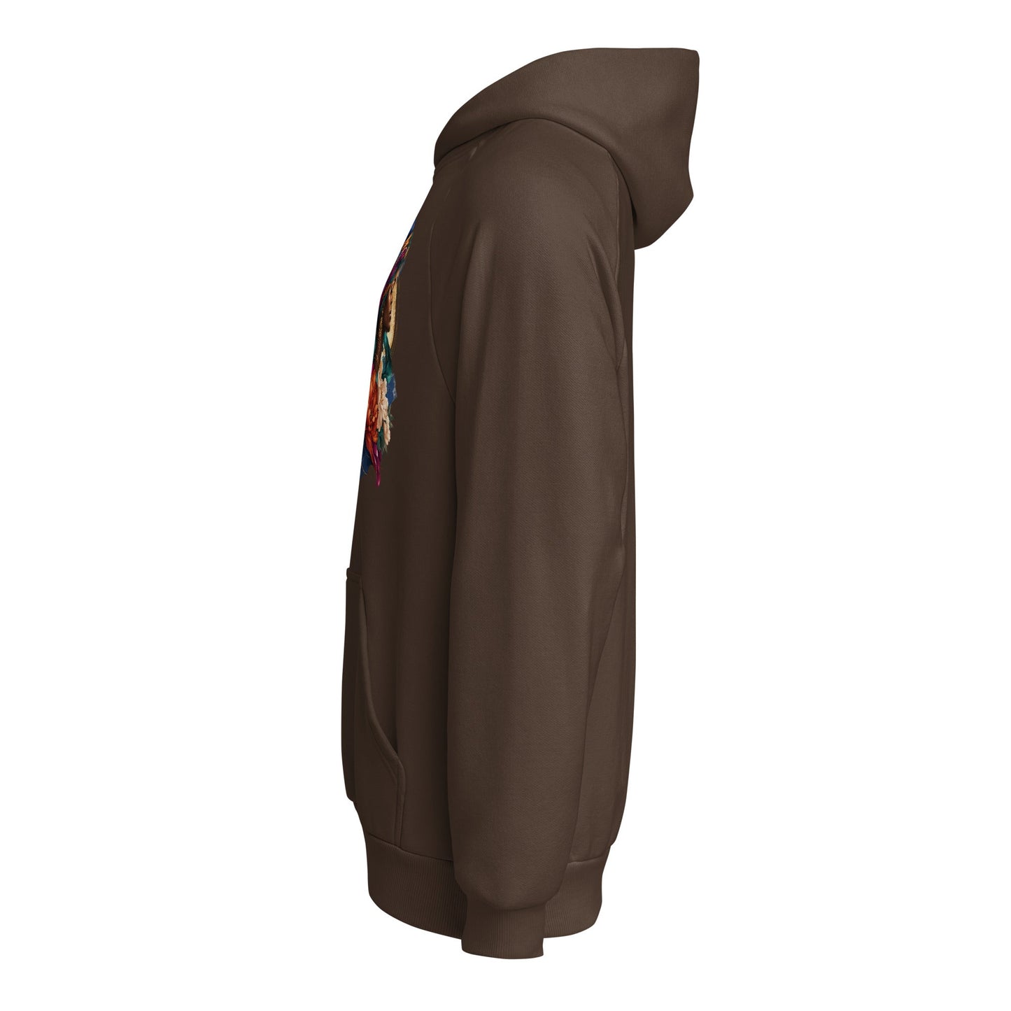 Chocolate brown heavyweight hoodie with hood, long sleeves, side floral portrait graphic