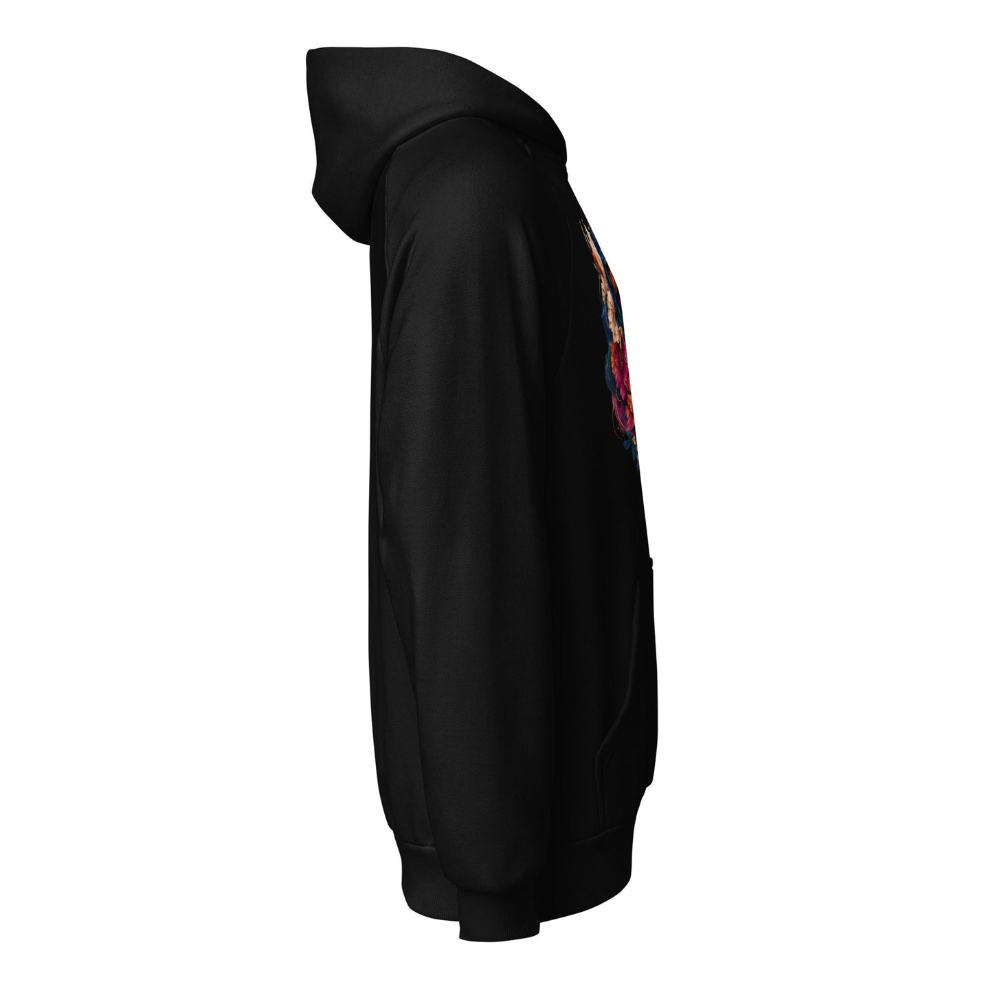 Black heavyweight hoodie with hood, long sleeves, visible side floral portrait graphic