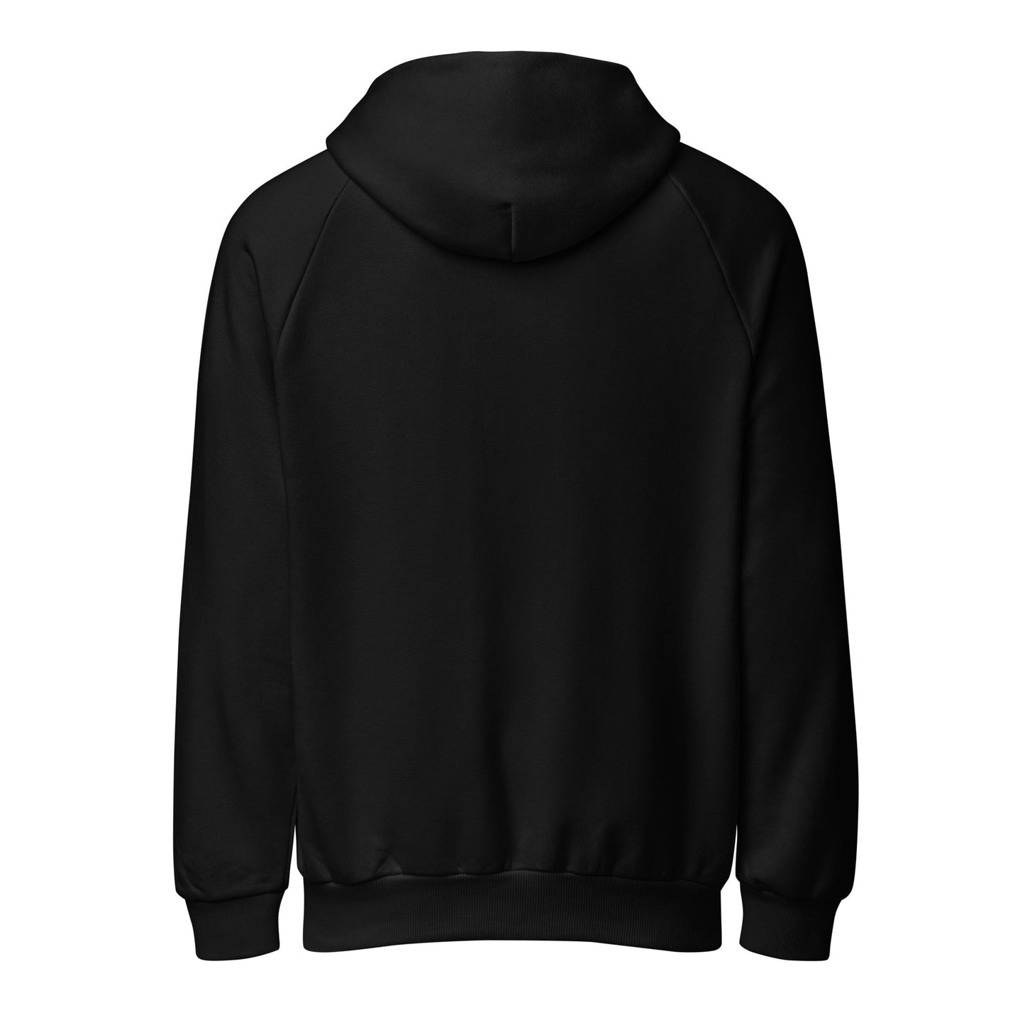 Black heavyweight unisex hoodie back view with hood and ribbed cuffs.