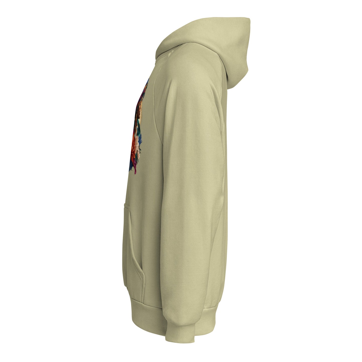 Beige heavyweight hoodie with hood, long sleeves, side floral portrait graphic