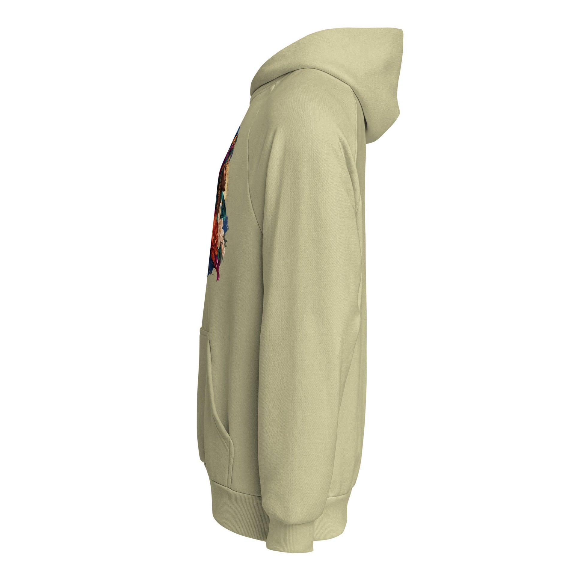 Beige heavyweight hoodie with hood, long sleeves, side floral portrait graphic