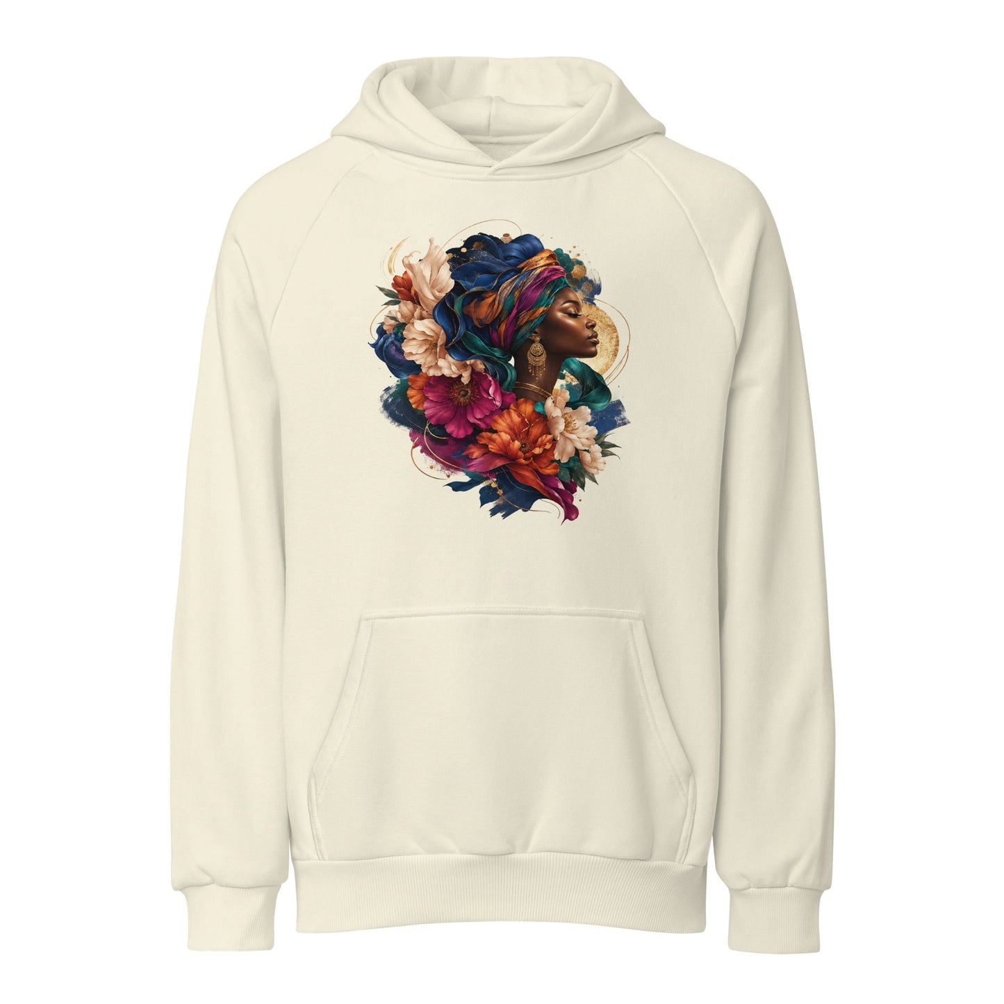 Off-white heavyweight unisex hoodie with floral portrait graphic and front kangaroo pocket.