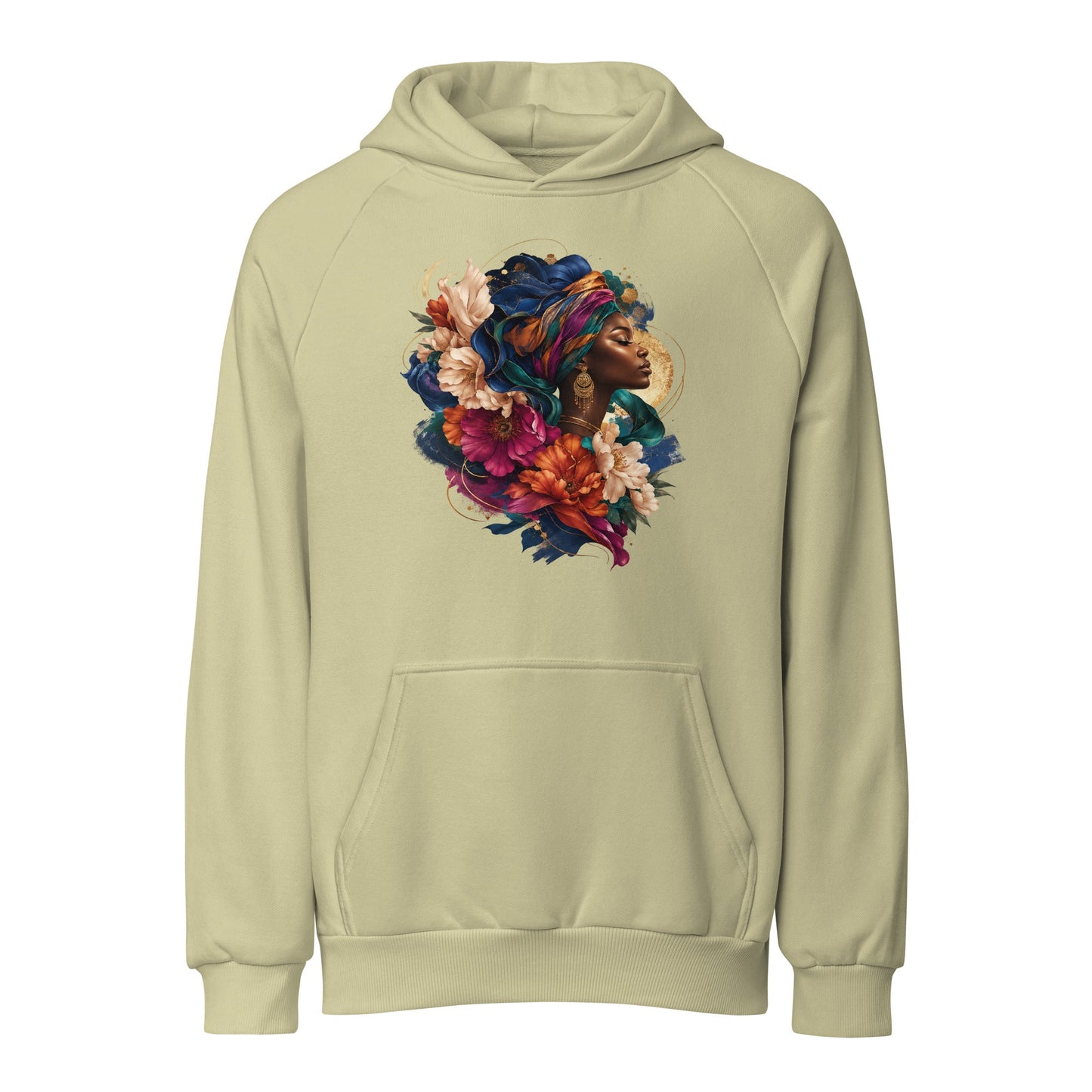 Cream heavyweight unisex hoodie with floral portrait graphic and front kangaroo pocket.