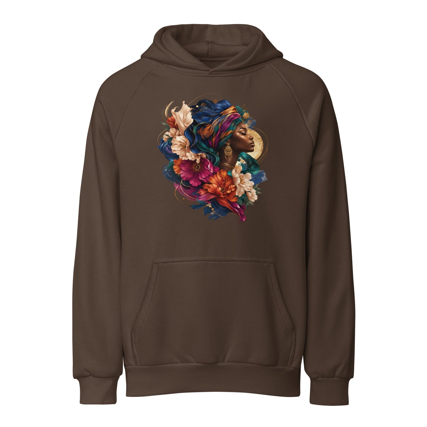 Chocolate brown heavyweight unisex hoodie with floral portrait graphic and front kangaroo pocket.