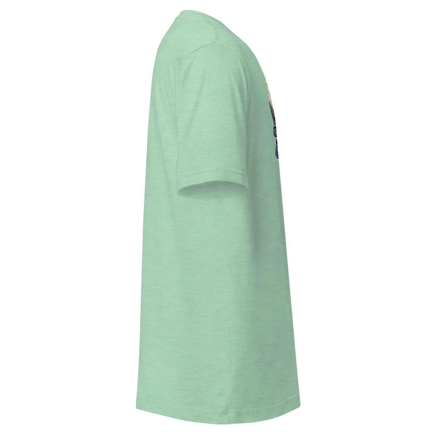 Soft green graphic tee, short sleeves, partial front graphic at side
