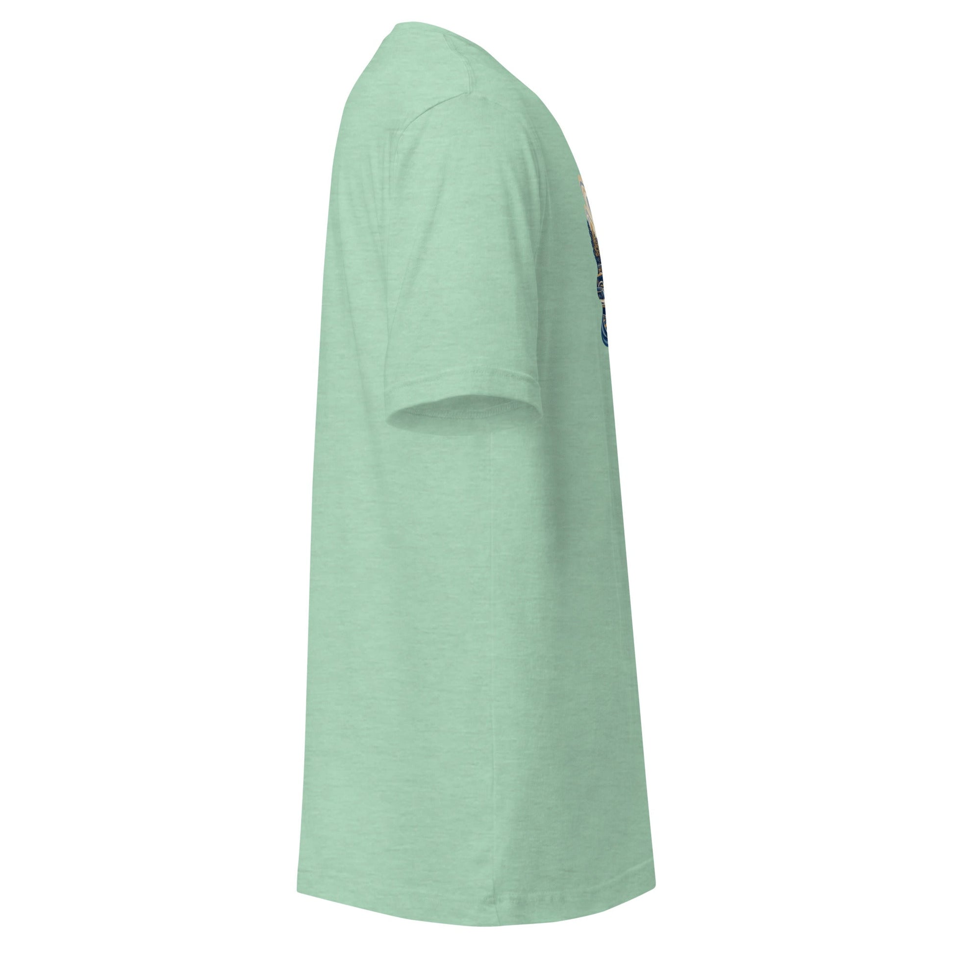 Soft green graphic tee, short sleeves, partial front graphic at side