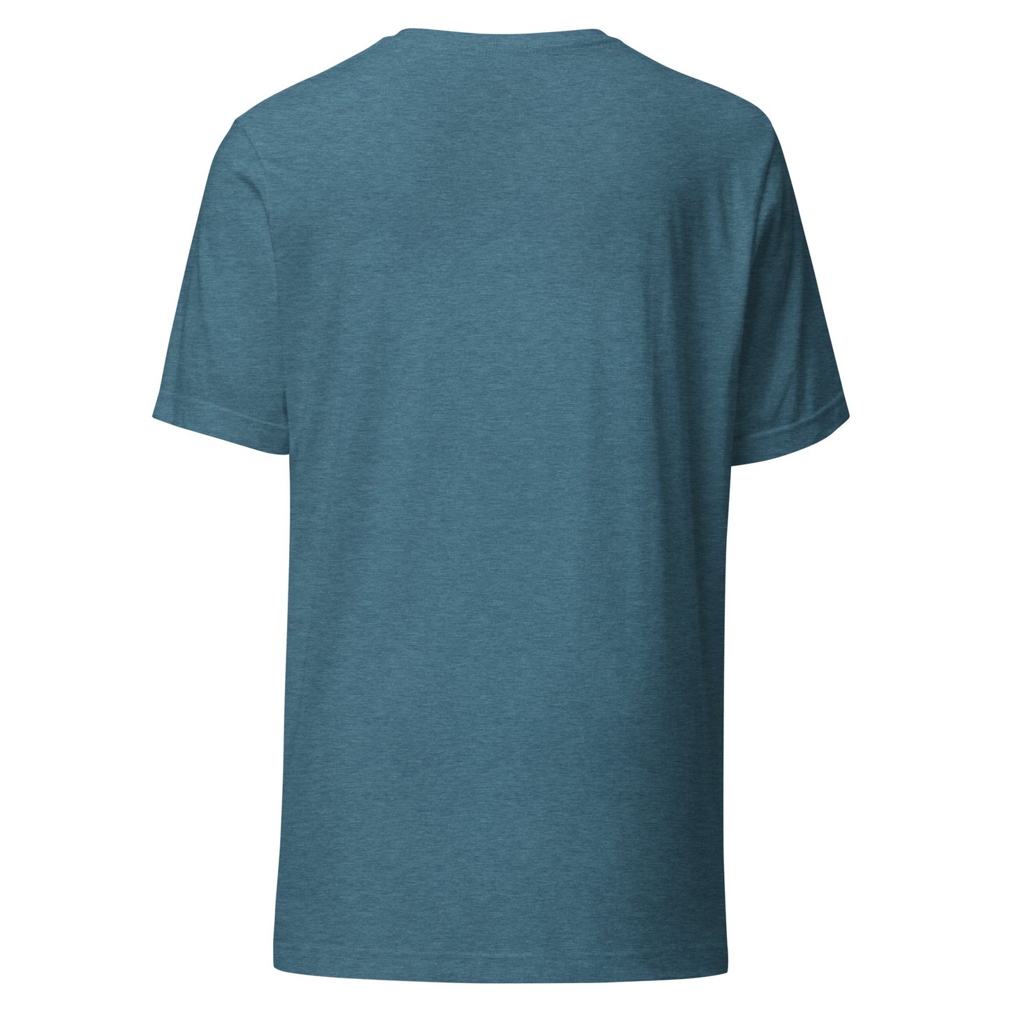 Teal heather graphic tee with short sleeves and a crew neck, back view