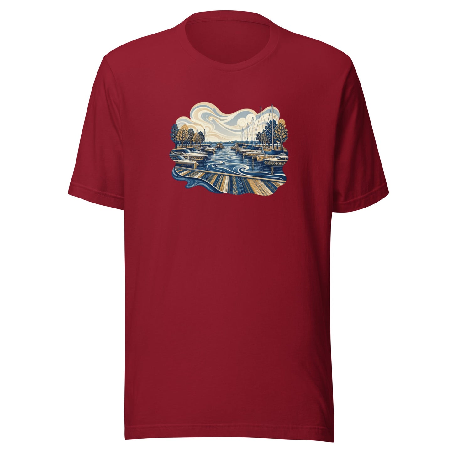 Red graphic tee with round neckline and waterfront scene print on the chest