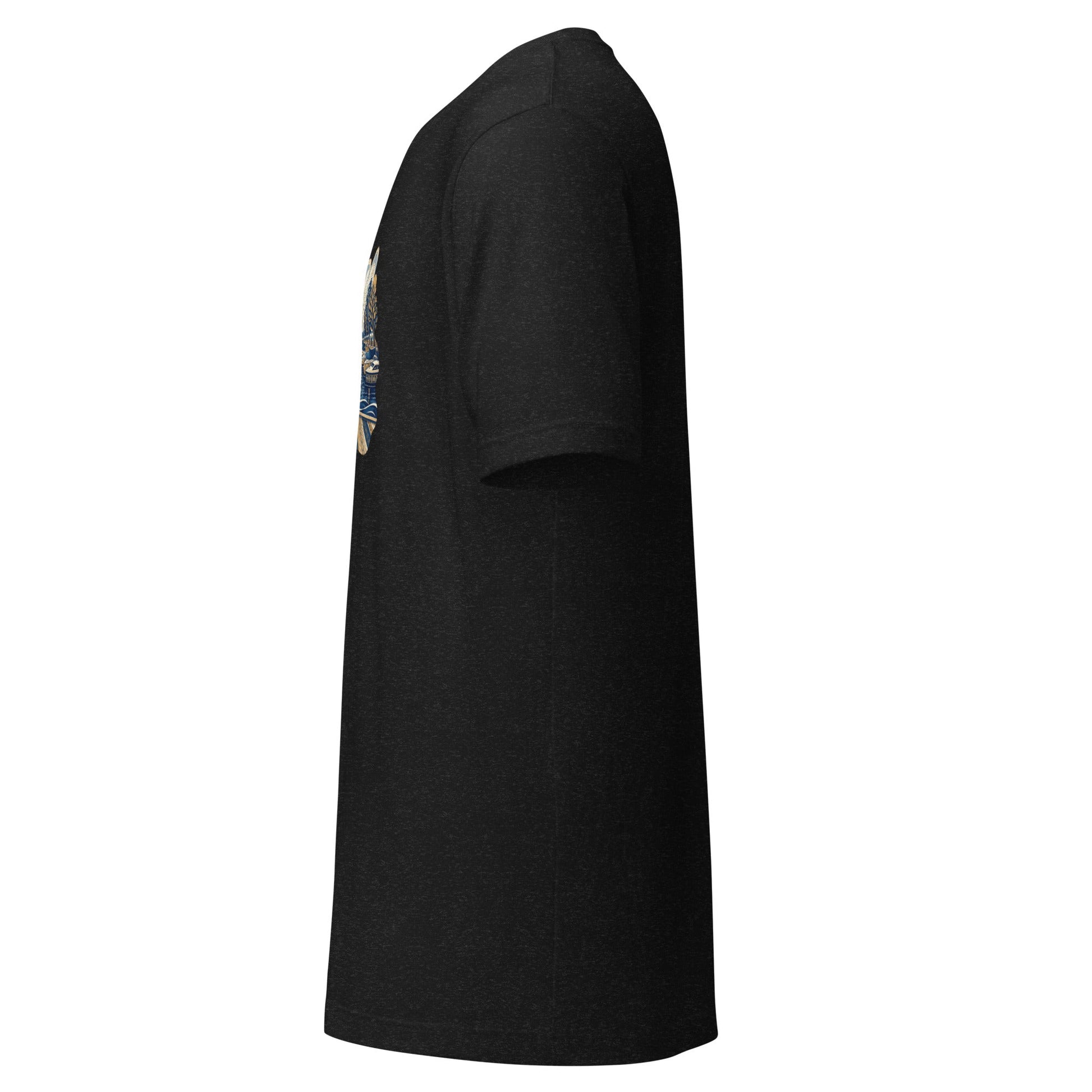 Black short-sleeve crewneck graphic tee, side view