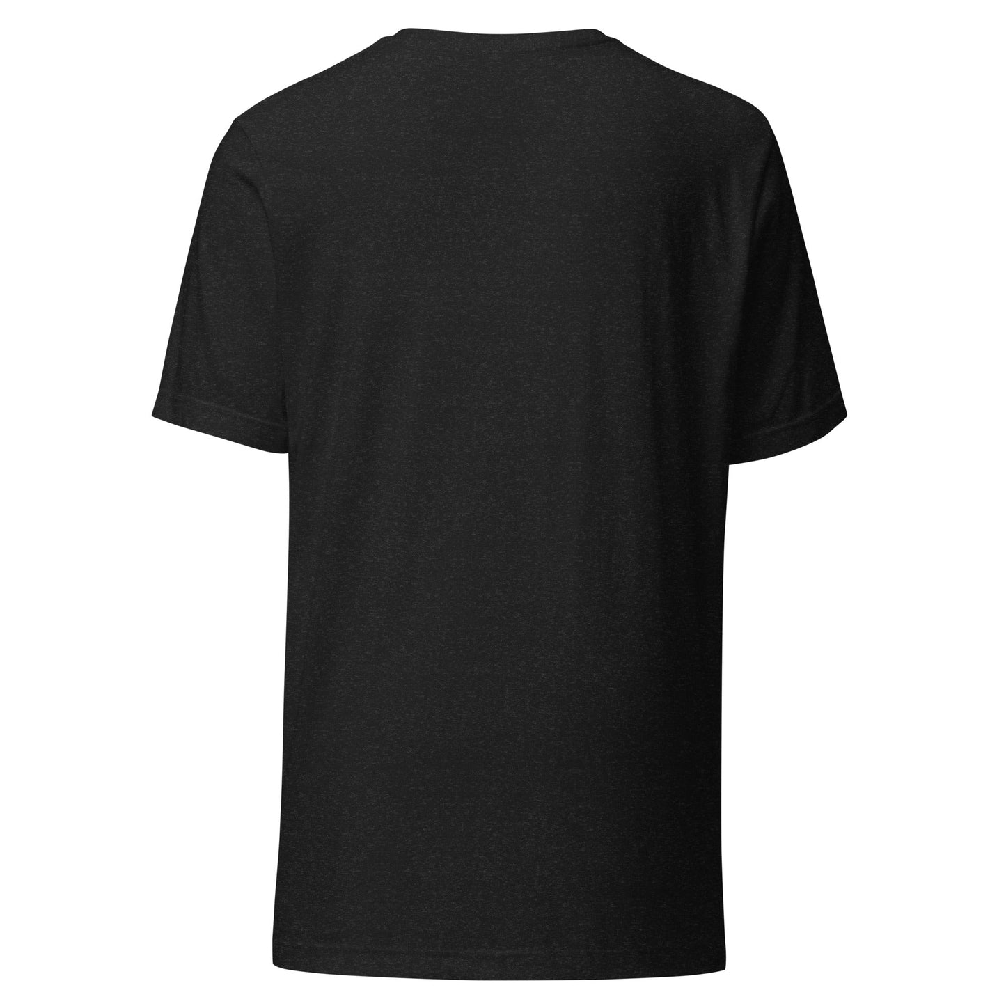 Black graphic tee with short sleeves and crew neck, back view