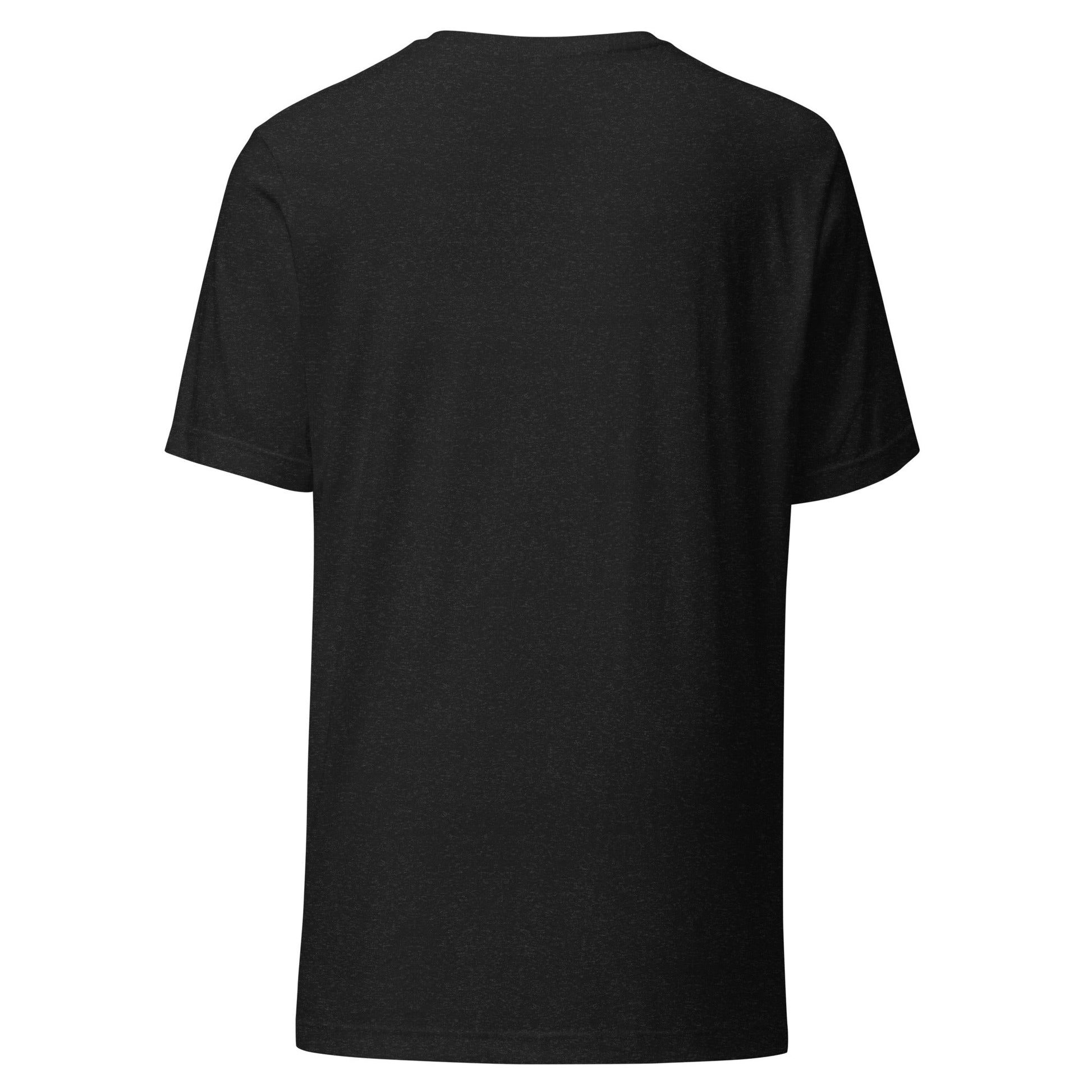 Black graphic tee with short sleeves and crew neck, back view