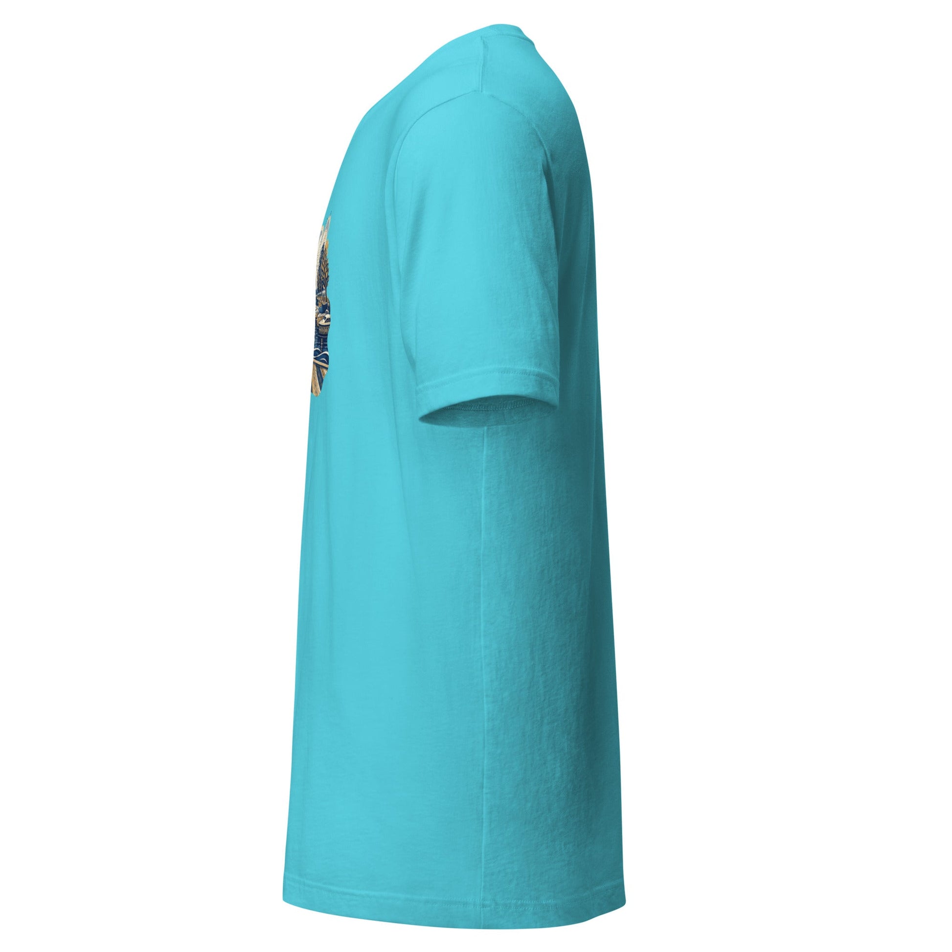 Turquoise graphic tee, short sleeves, partial front graphic at side