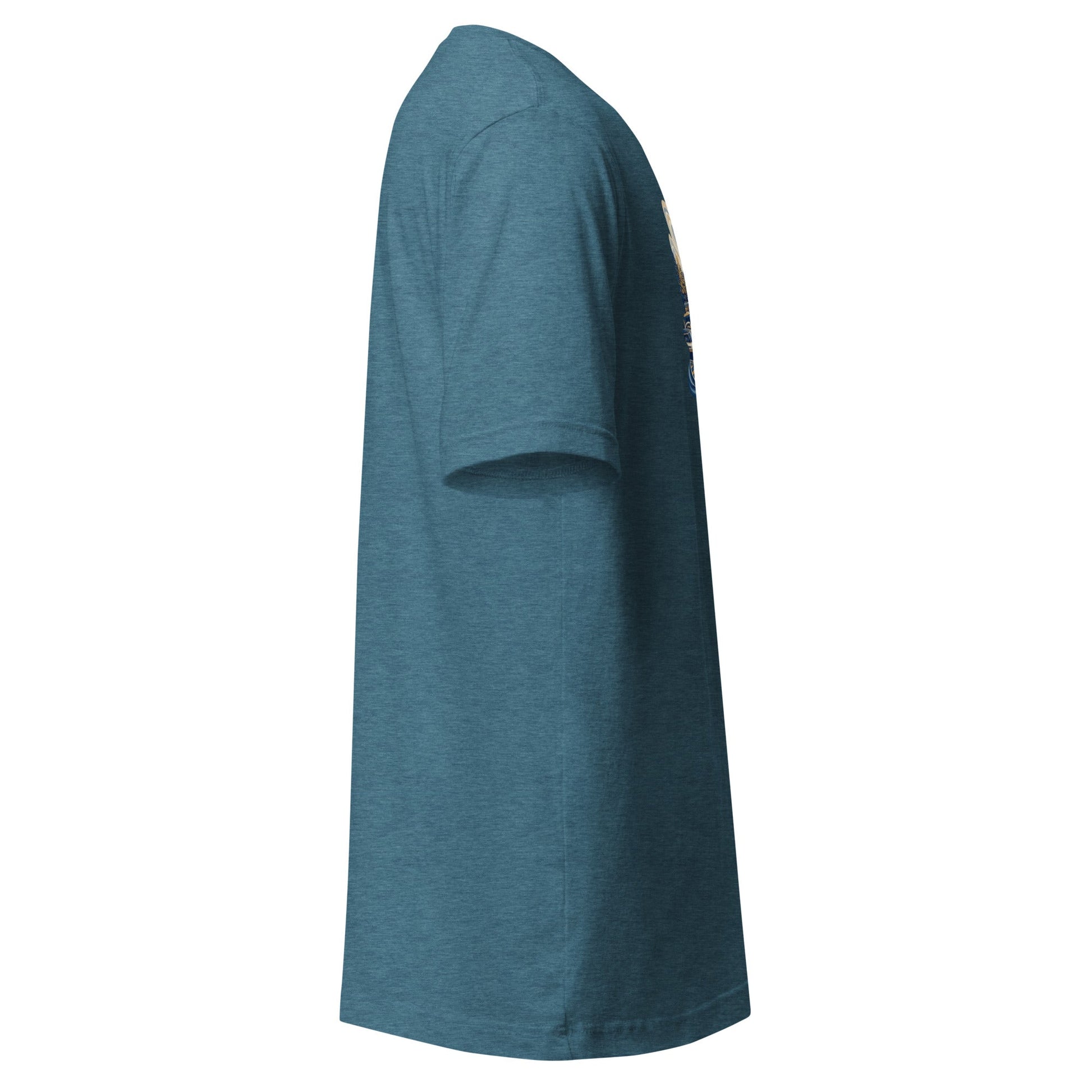 Blue-green graphic tee, short sleeves, partial front graphic at side