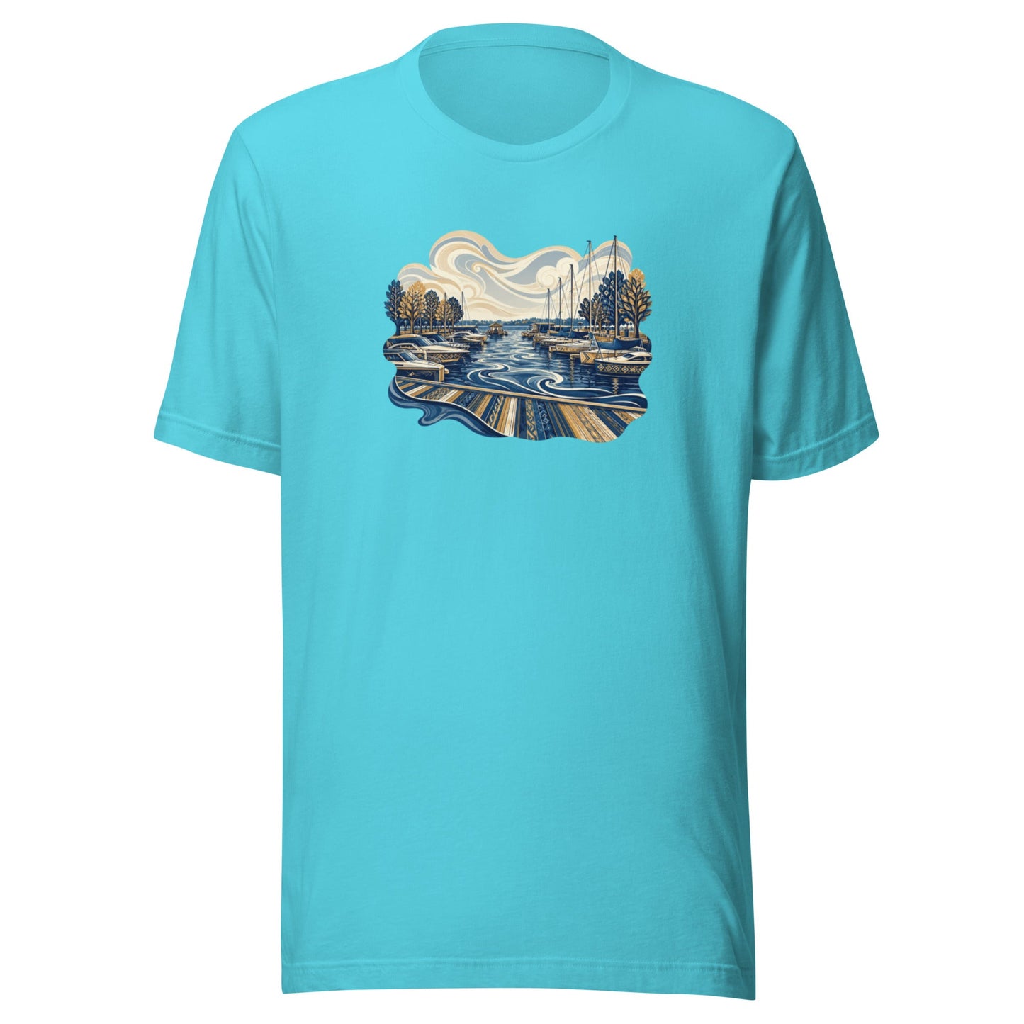 Light turquoise graphic tee with round neckline and waterfront scene print on the chest