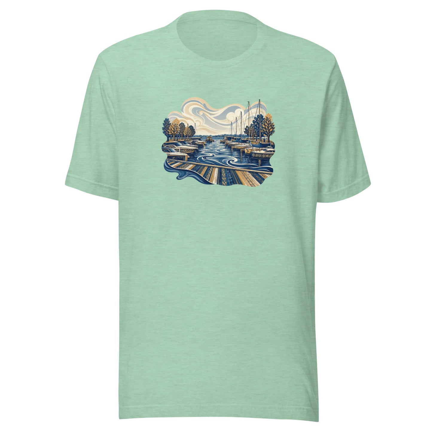 Mint green graphic tee with crew neck and waterfront scene print on the chest