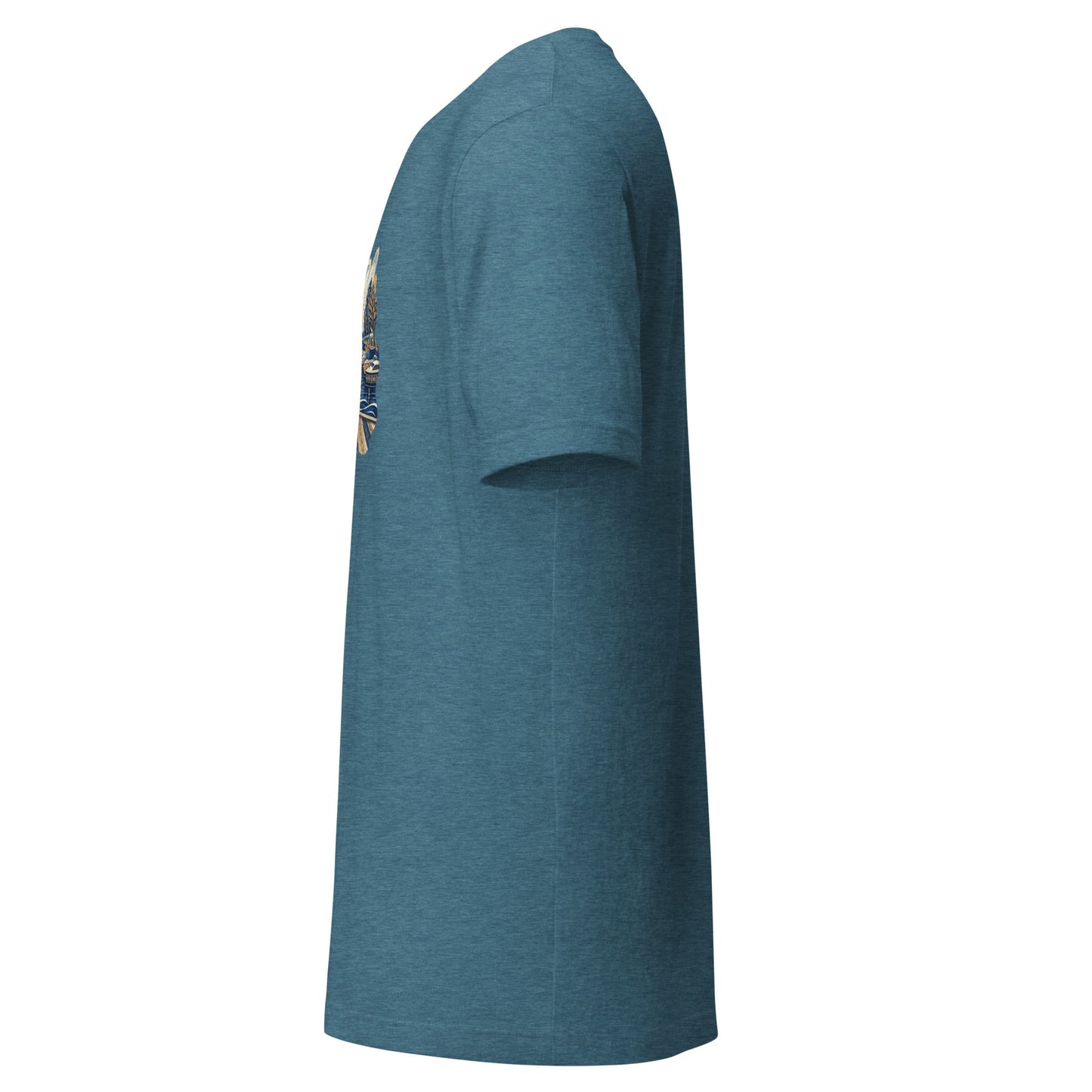 Teal blue short-sleeve crewneck graphic tee, side view