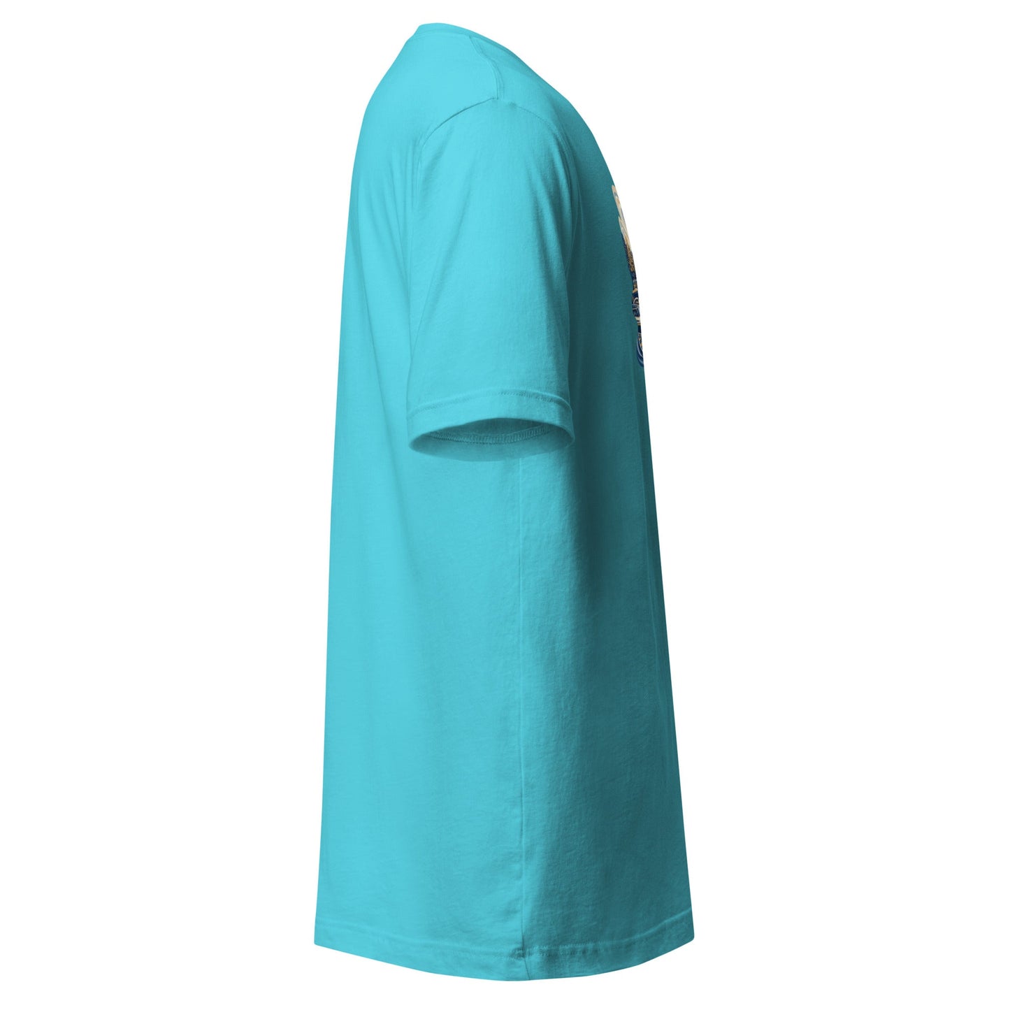 Turquoise graphic tee with short sleeves and crew neck, side view