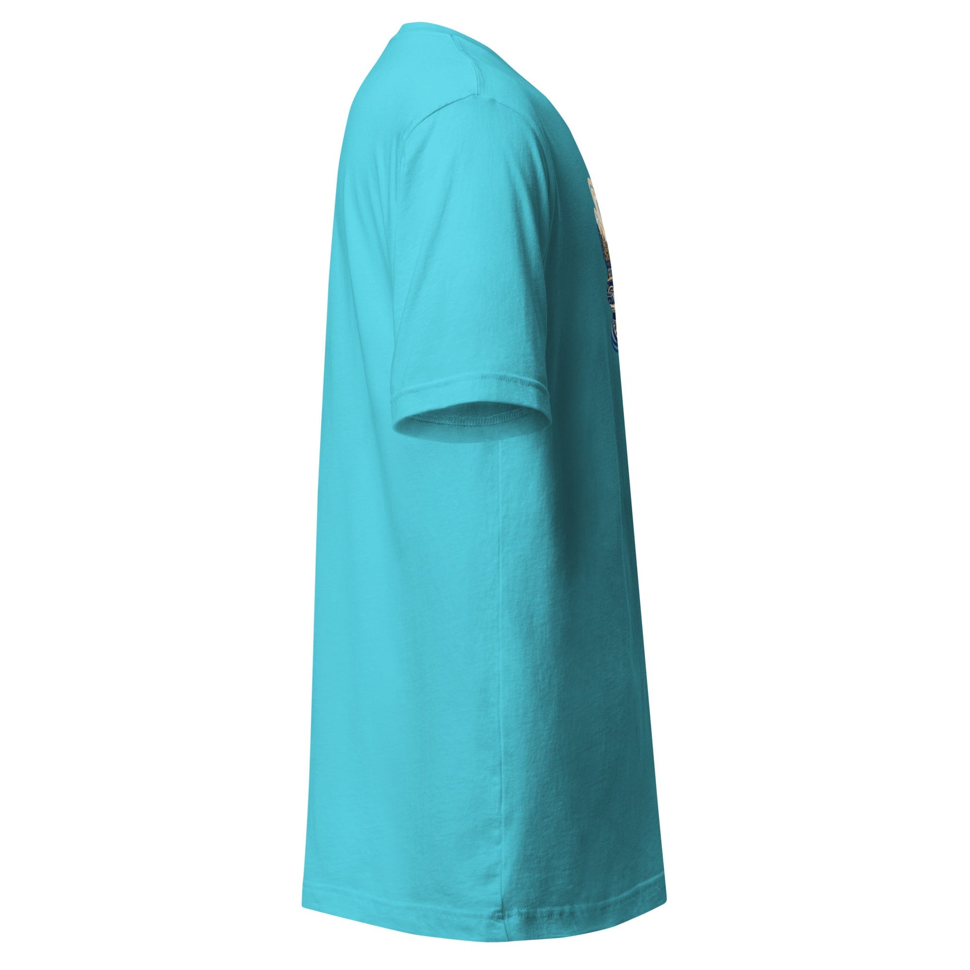 Turquoise graphic tee with short sleeves and crew neck, side view