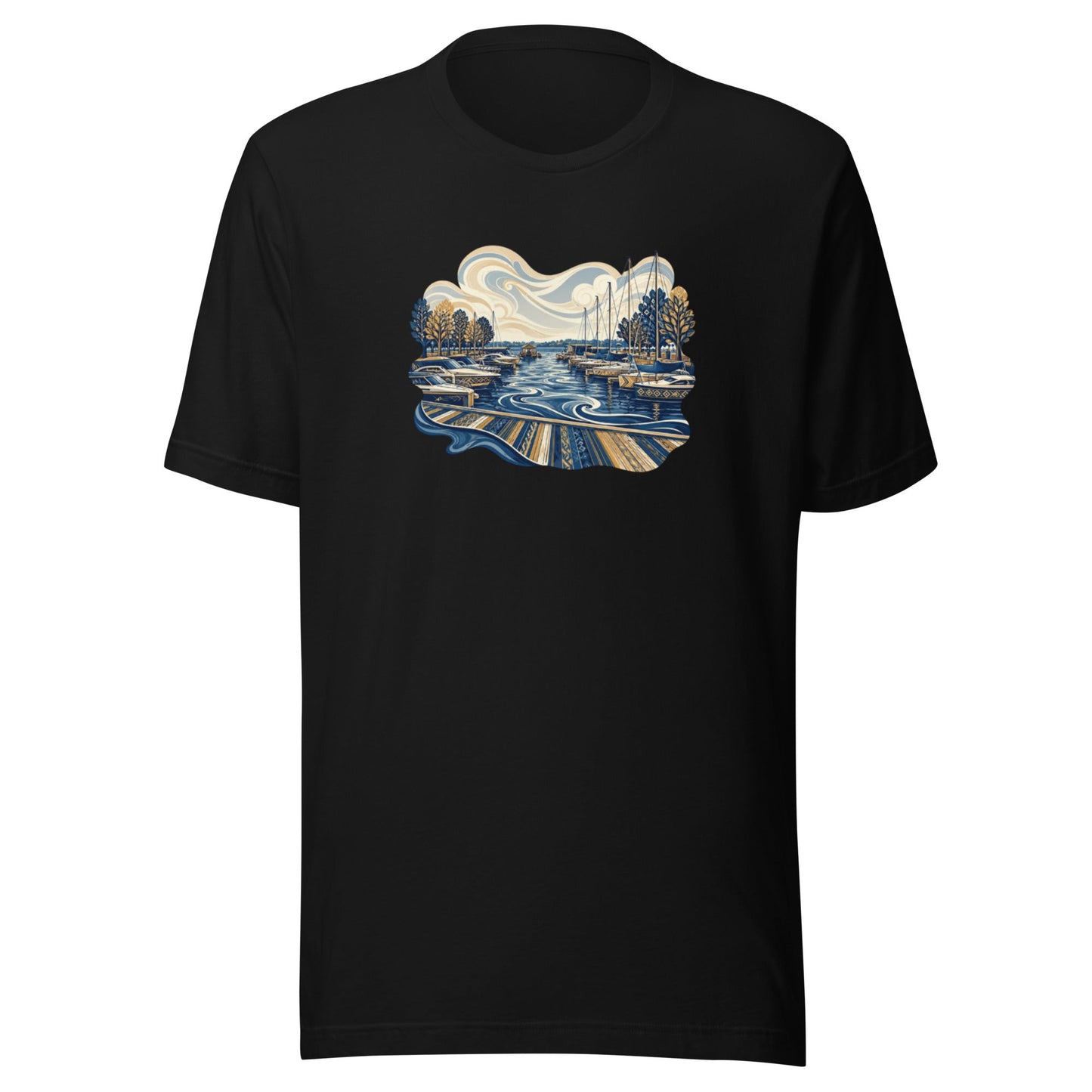 Black graphic tee with crew neck and waterfront scene print centered on the chest