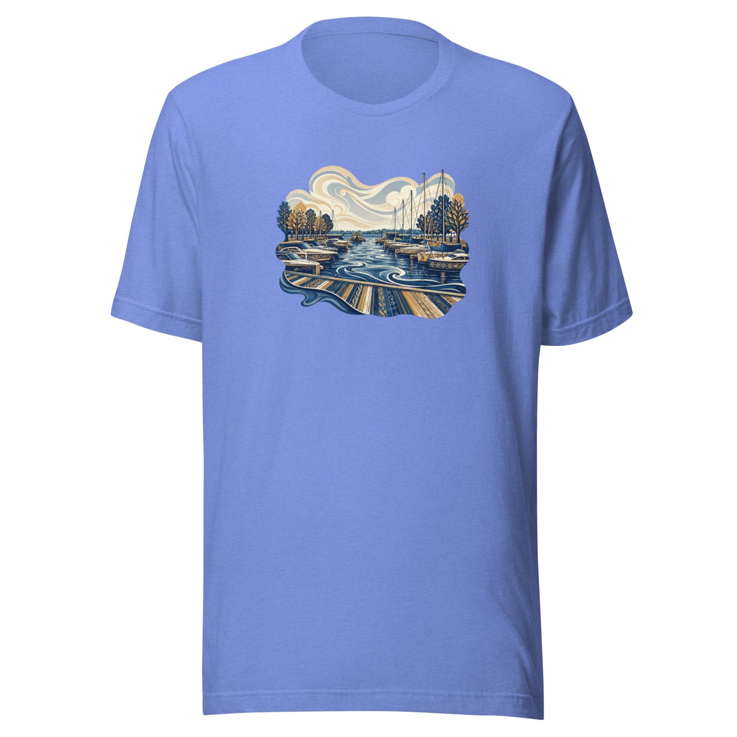 Lavender graphic tee with round neckline and waterfront scene print on the chest