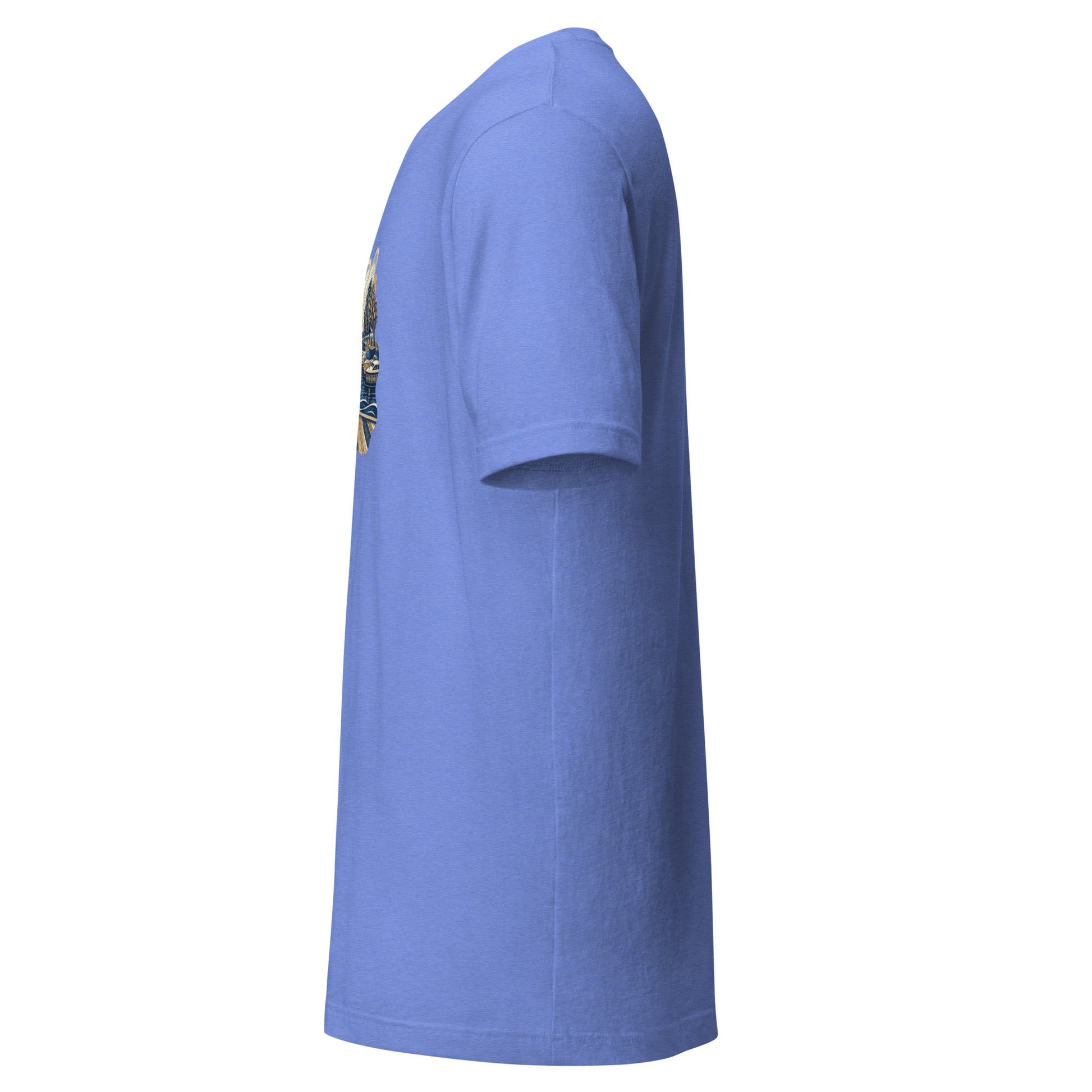 Light blue short-sleeve crewneck graphic tee with chest graphic, side view