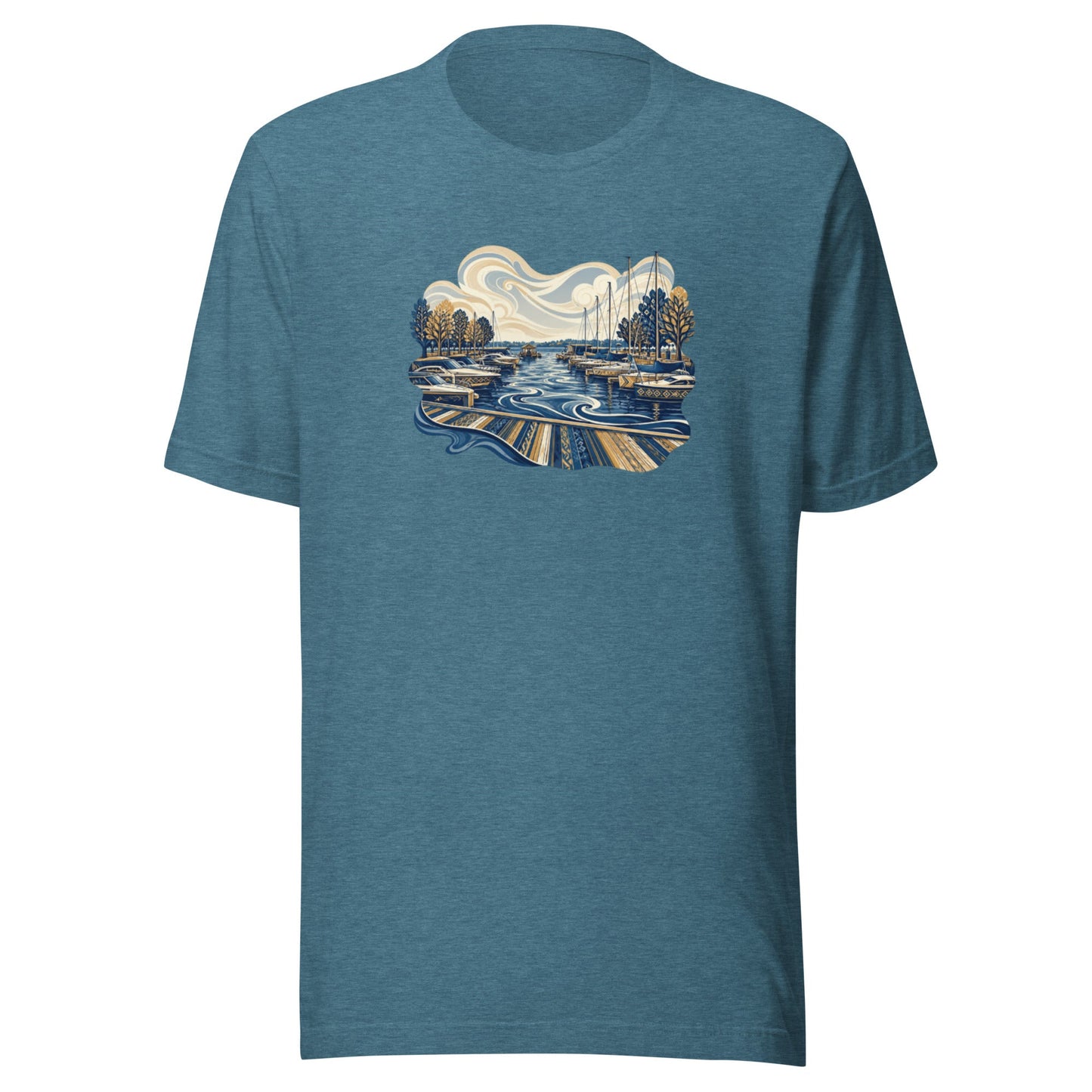 Blue heather graphic tee with round neckline and waterfront scene print on the chest