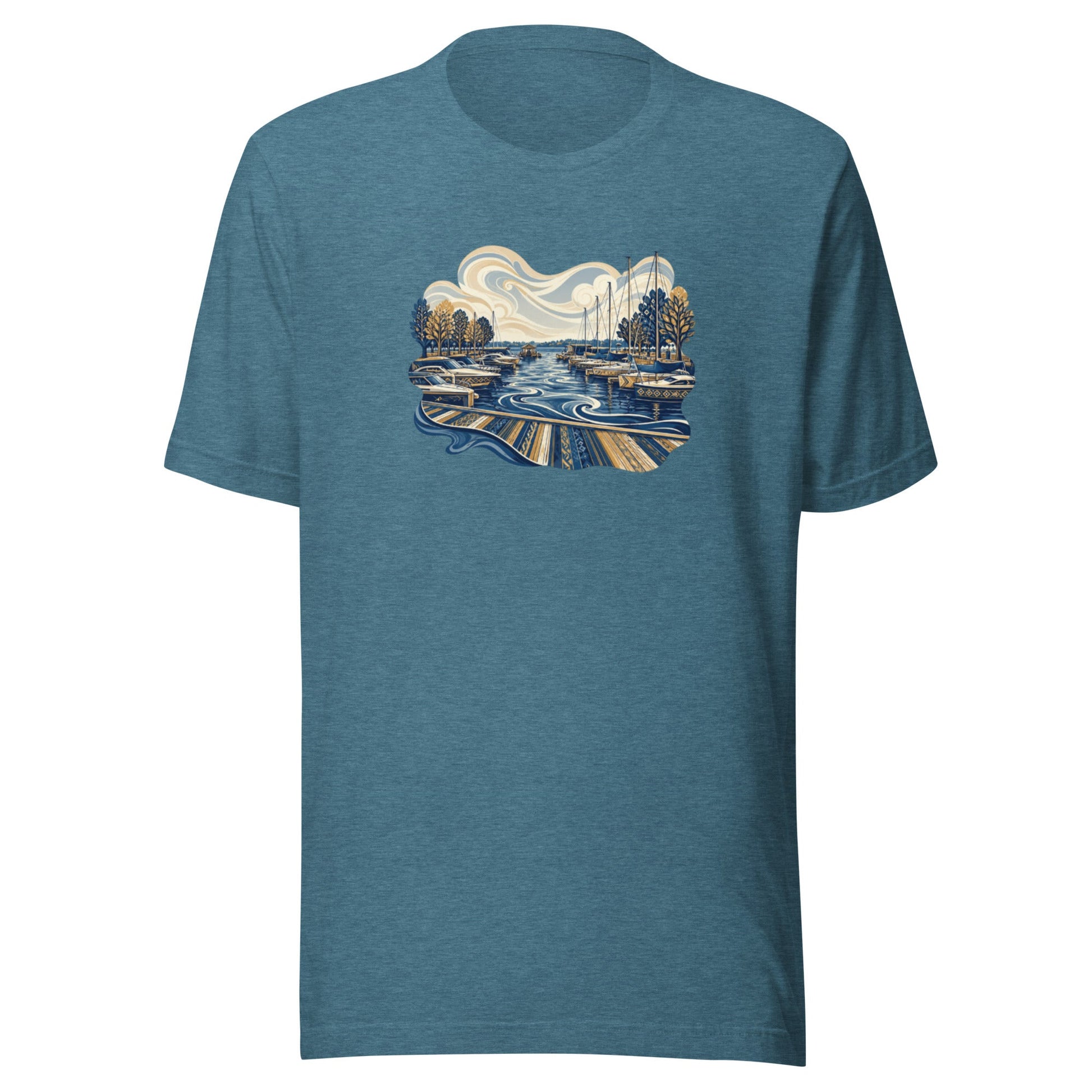 Blue heather graphic tee with round neckline and waterfront scene print on the chest